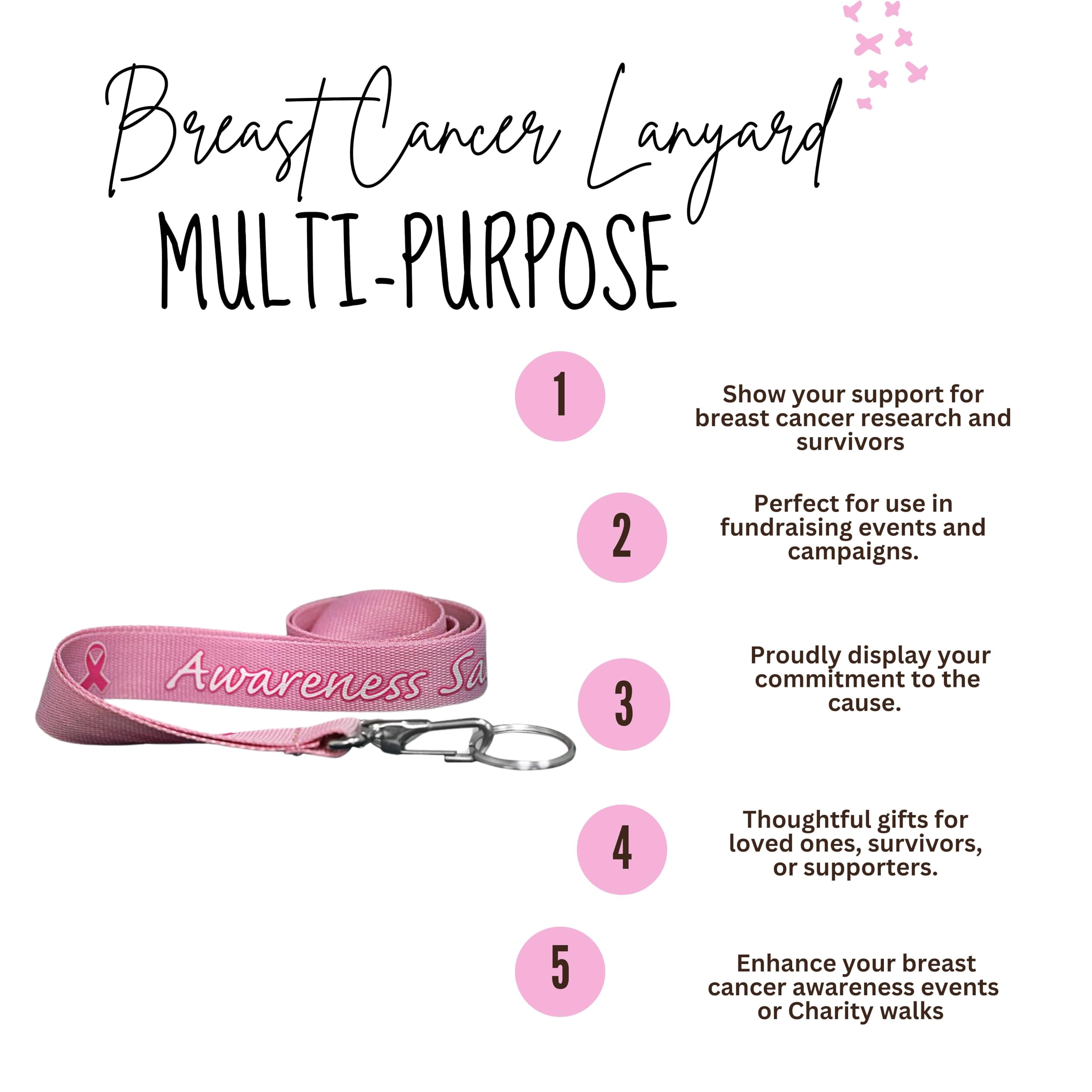 Pink Ribbon Lanyards for Breast Cancer Awareness - Badge & Keychain Holder for Fundraising Events