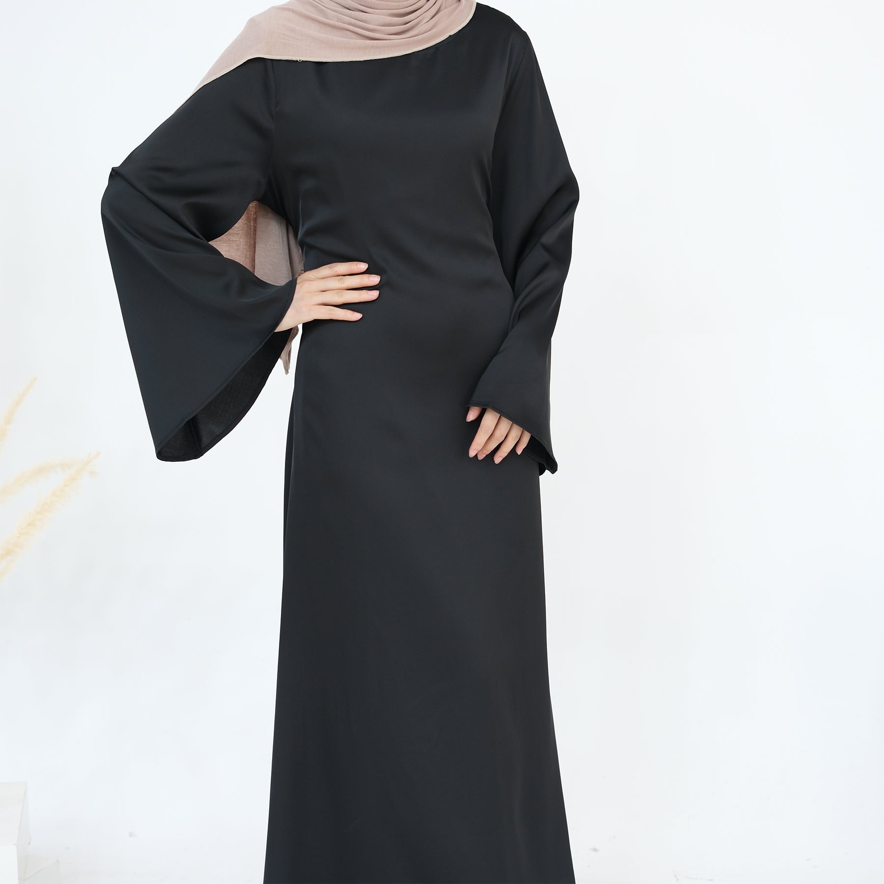 Elegant Calista Trumpet Sleeves Satin Dress in Black - Perfect for Evening Parties, Weddings & Special Occasions
