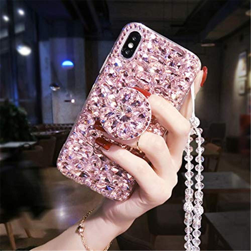 Sparkling Diamond Bling Phone Case for LG Velvet 5G (2020) - 3D Handmade Glitter Cover with Kickstand | Stylish Protective Case for Women & Girls | Perfect for Parties, Dating & Everyday Use (Pink)