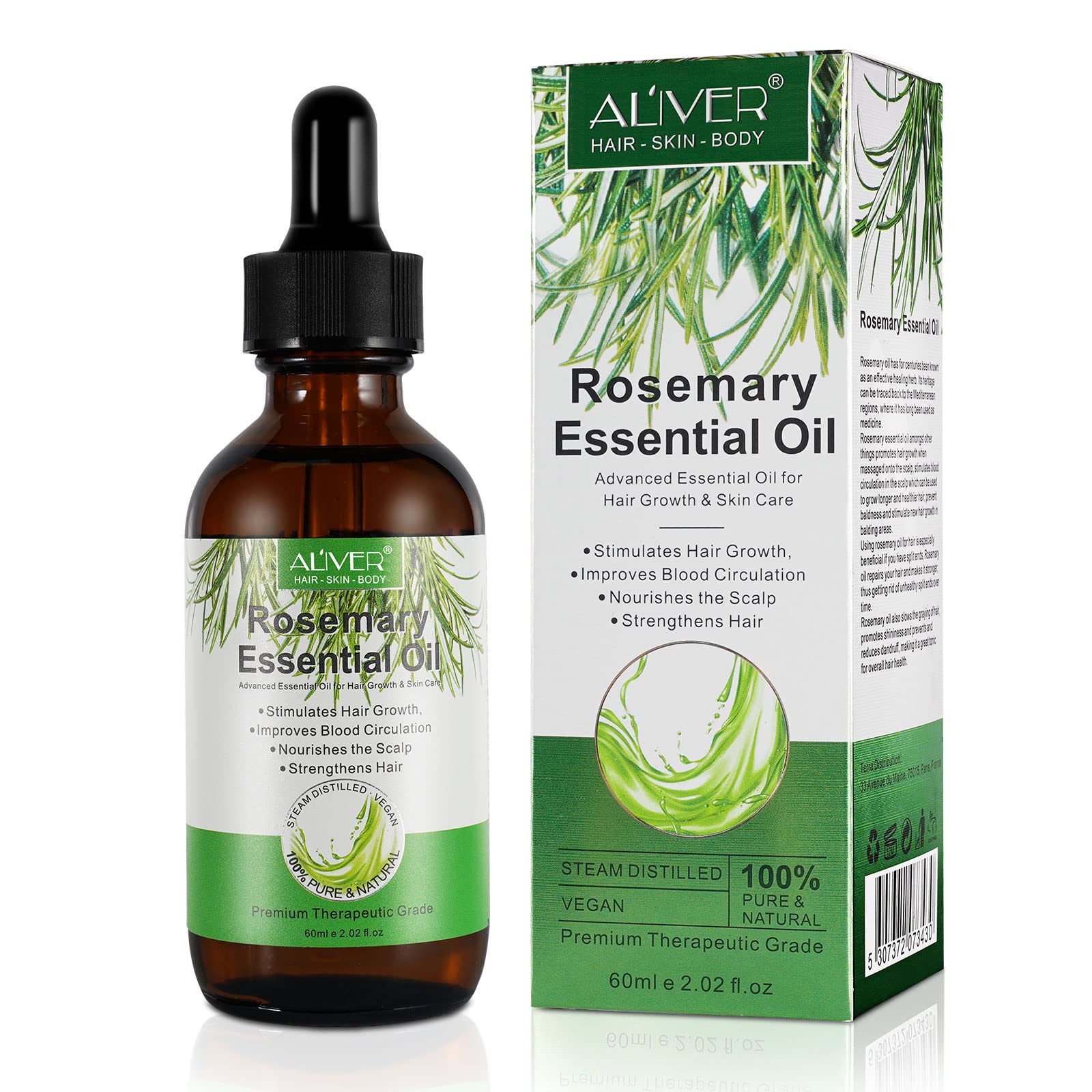 Organic Rosemary Oil for Hair Growth & Skin Care - Natural Hair Strengthening Treatment for Fuller, Healthier Hair - Aromatherapy, Diffuser & Scalp Massage Essential Oil (60ml) - Perfect for Daily Hair Care Routine & Relaxation Therapy