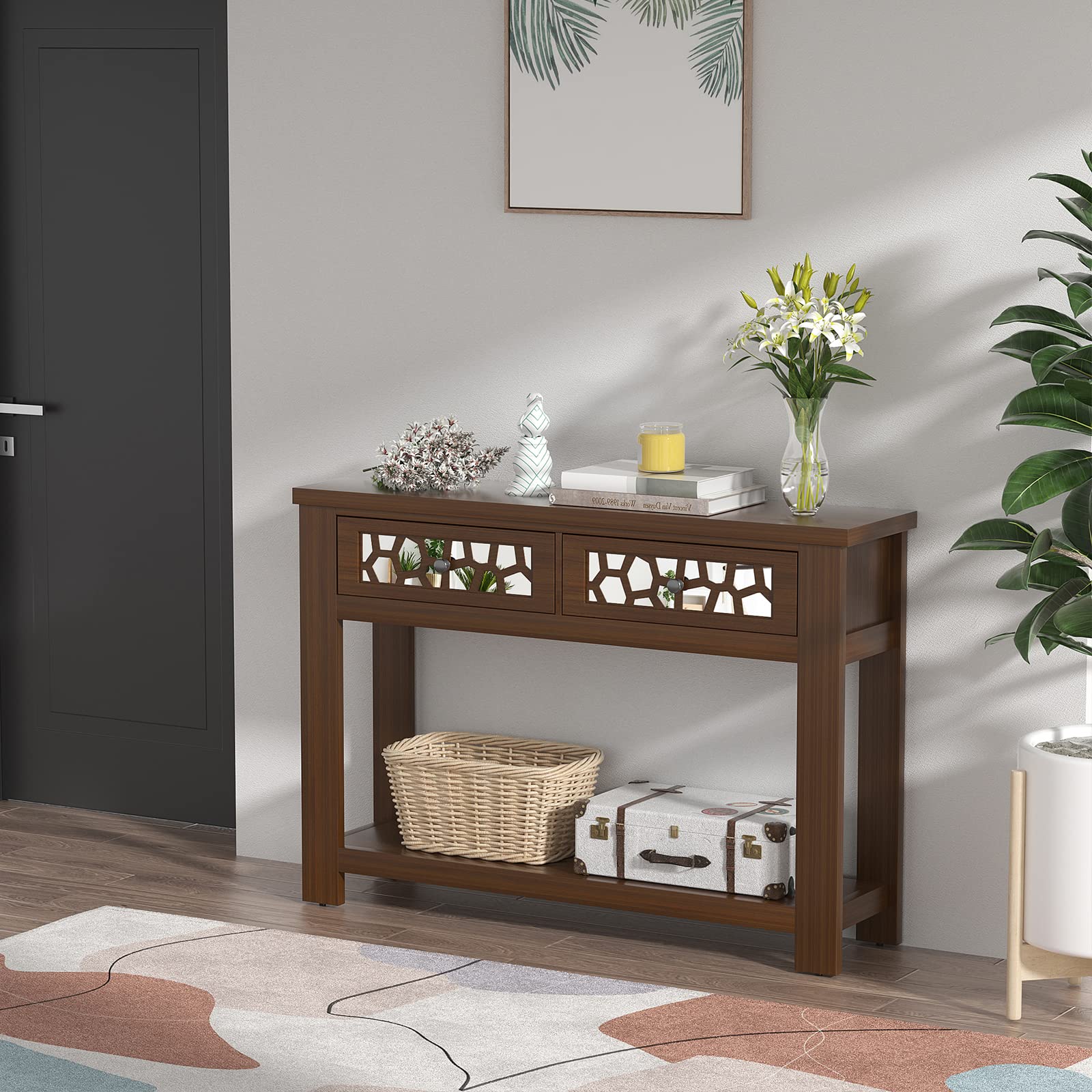 Giantex 2-Tier Wooden Console Table with 2 Drawers & Open Shelf - Rustic Brown Entryway Table for Living Room, Hallway & Foyer - Easy Assembly Rectangular Accent Table for Home Decor & Storage