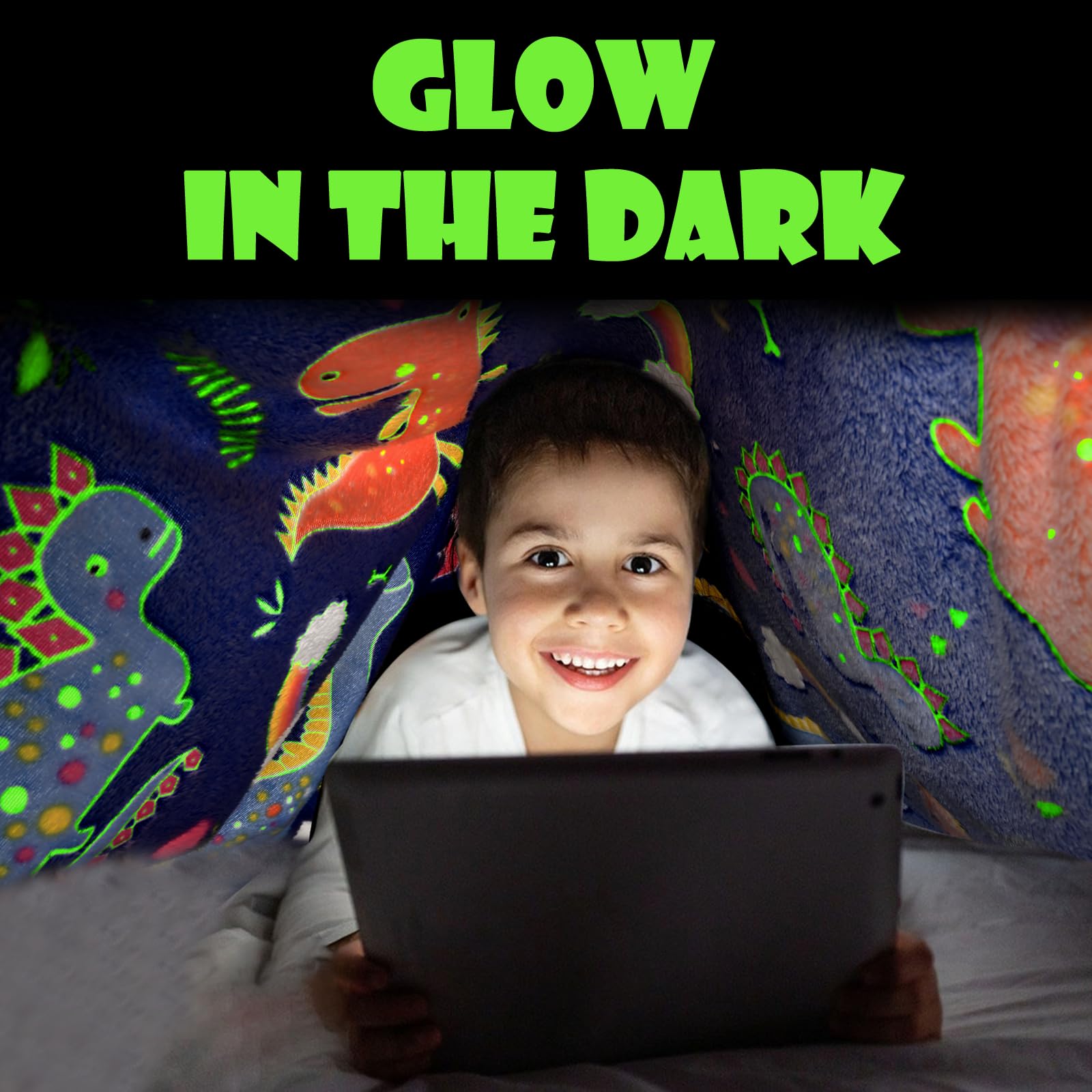 Glow in The Dark Dinosaur Blanket - Super Soft Fluffy Kids Blanket 50x60 Inches - Warm Cozy Throw Blanket for Boys, Girls & Toddlers - Perfect Gift for Birthday, Christmas & Sleepovers
