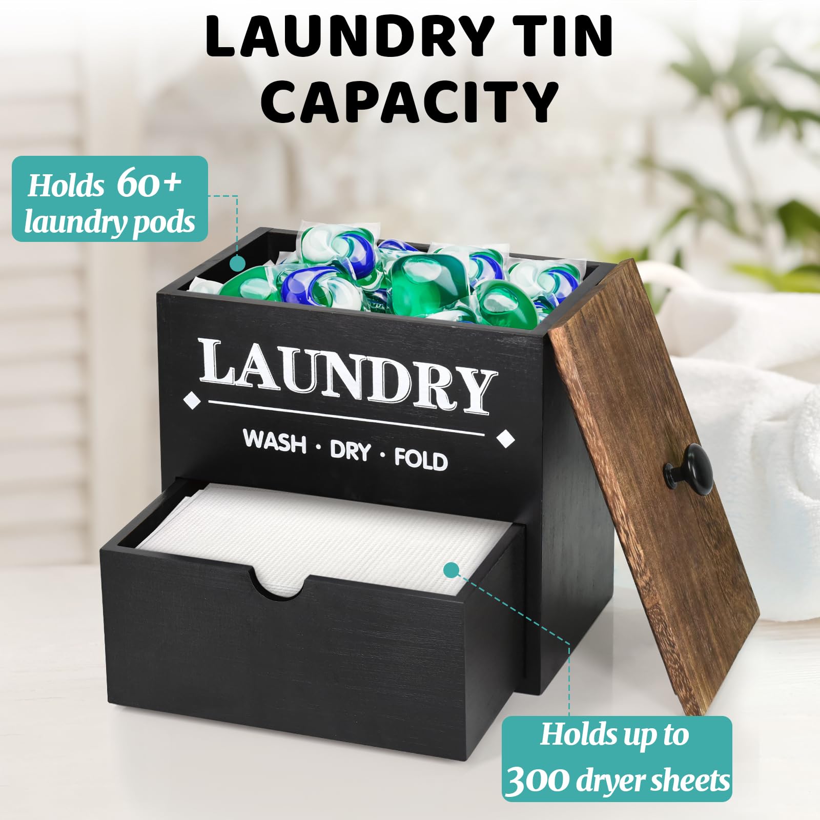 Wooden Dryer Sheet Holder with Drawer & Lid - Laundry Room Organizer for Dryer Sheets & Pods Storage - Wall Mounted Dispenser for Laundry Decor (Black) - Perfect for Small Spaces & Closet Organization