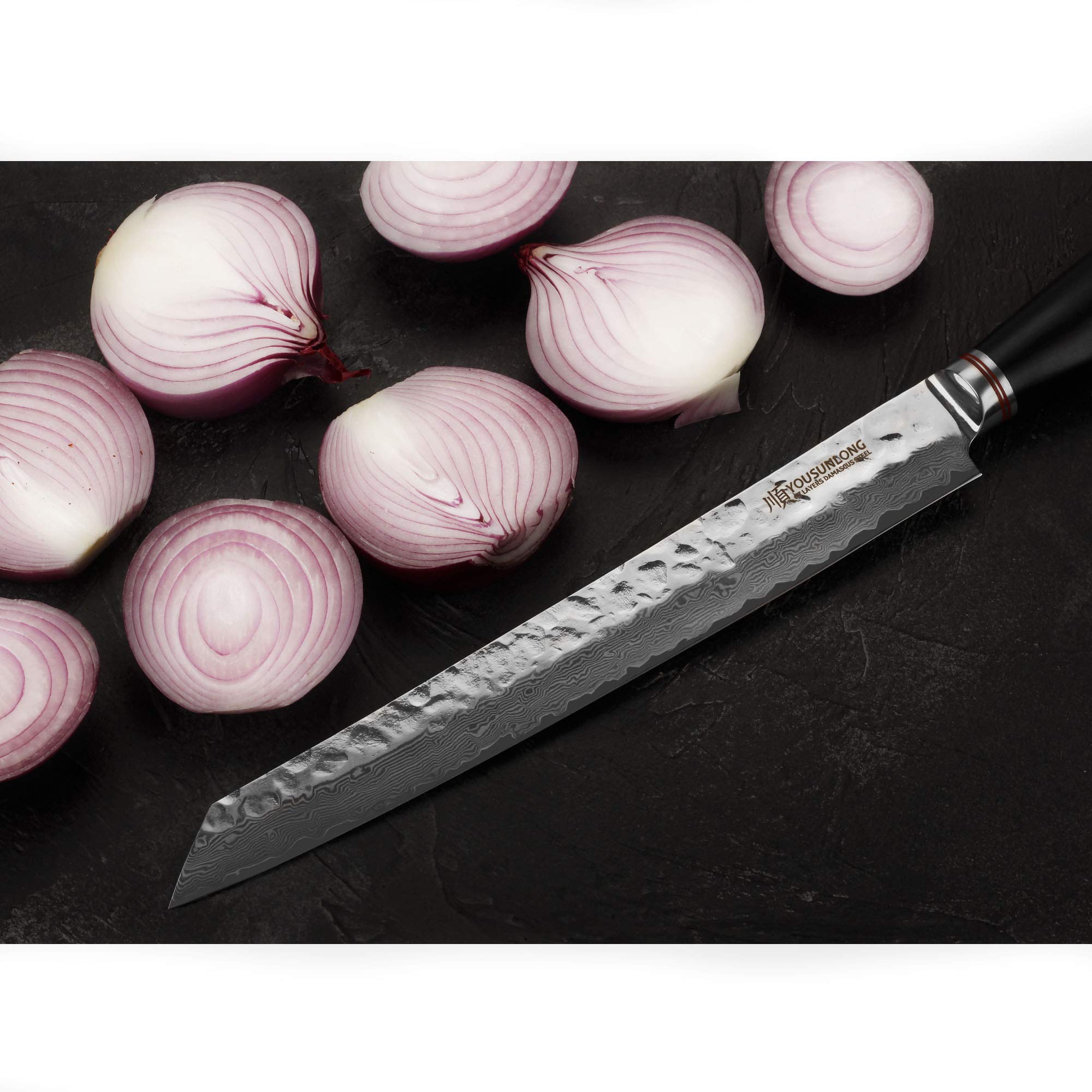 YOUSUNLONG 11-inch Japanese Sujihiki Knife - Professional Damascus Steel Carving & Slicing Knife with Ergonomic Ebony Handle - Perfect for Sushi, Roast Meat, and Precision Cutting