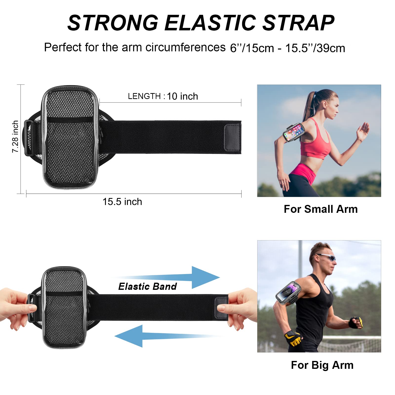Clear Running Armband Phone Holder for iPhone 16/15/14/13 Pro Max/12/11/X & Samsung Android - Universal Sports Armband with Key Card Pocket for Workout, Jogging, Gym & Outdoor Activities