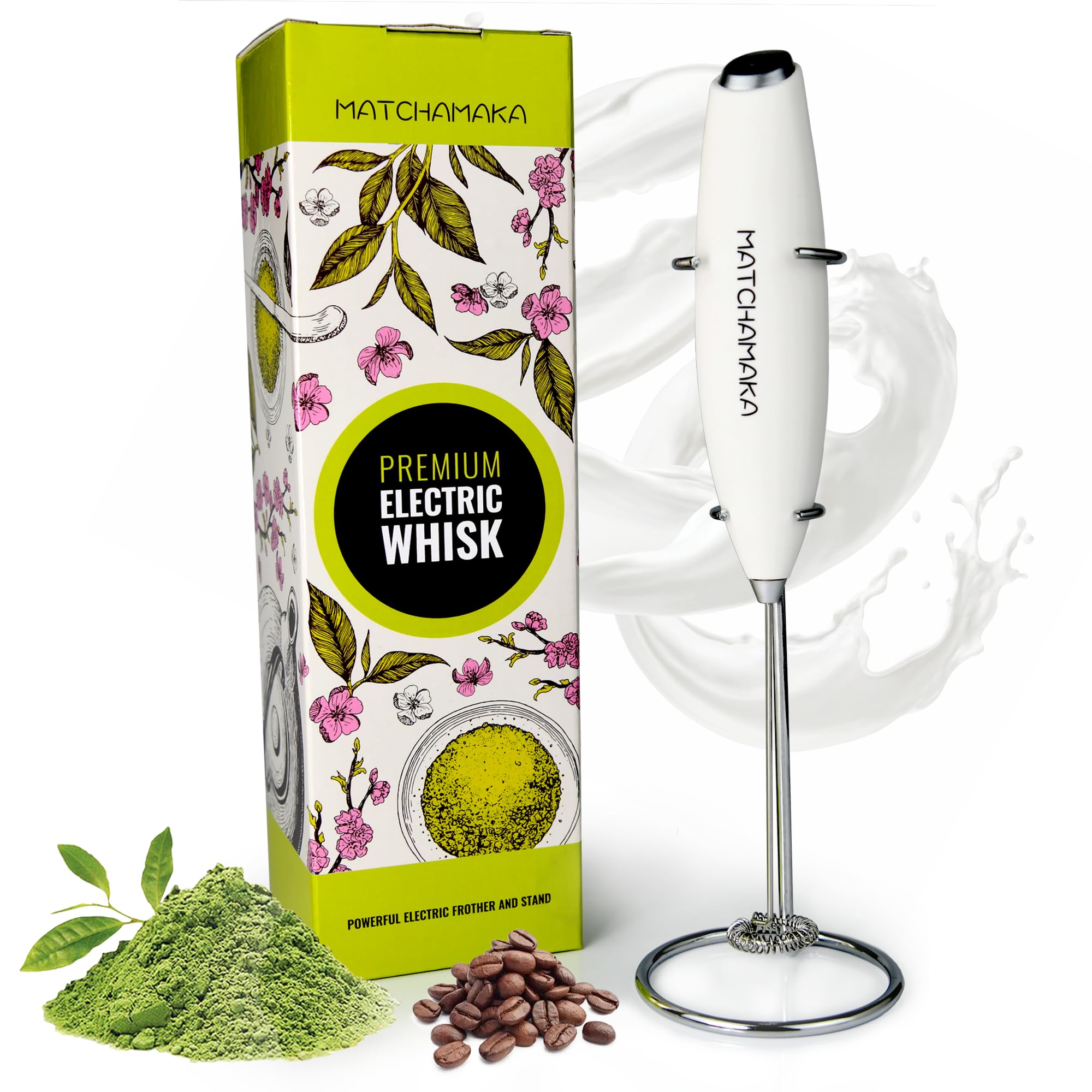 MATCHAMAKA Electric Milk Frother & Matcha Whisk - Powerful Handheld Foam Maker for Lattes, Cappuccino, Hot Chocolate & Frappe - Battery Operated Drink Mixer for Coffee & Matcha Green Tea Powder (White) - Perfect for Home, Office & Café Use