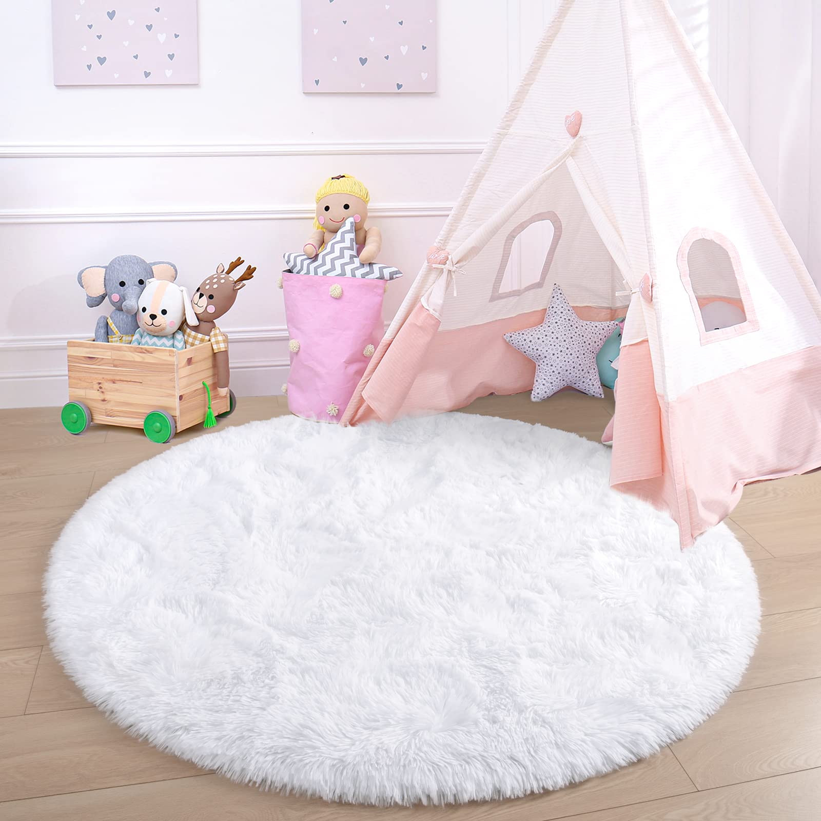 Junovo 6x6 Feet Round Fluffy Soft Area Rug - Plush Shaggy Circle Carpet for Kids Room, Girls Bedroom, Nursery & Teen Decor | Princess Castle Themed Cute White Large Circular Rug - Perfect for Playrooms, Dorm Rooms & Cozy Home Decor