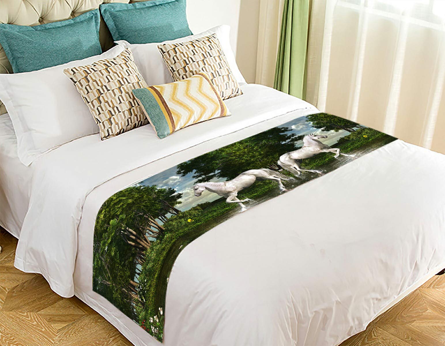 ECZJNT Unicorn in a Magic Forest Bed Runner - 20x95 Inch Decorative Bed Scarf for Queen/King Size Beds - Perfect for Bedroom Decor, Wedding Decorations & Boho Chic Home Styling