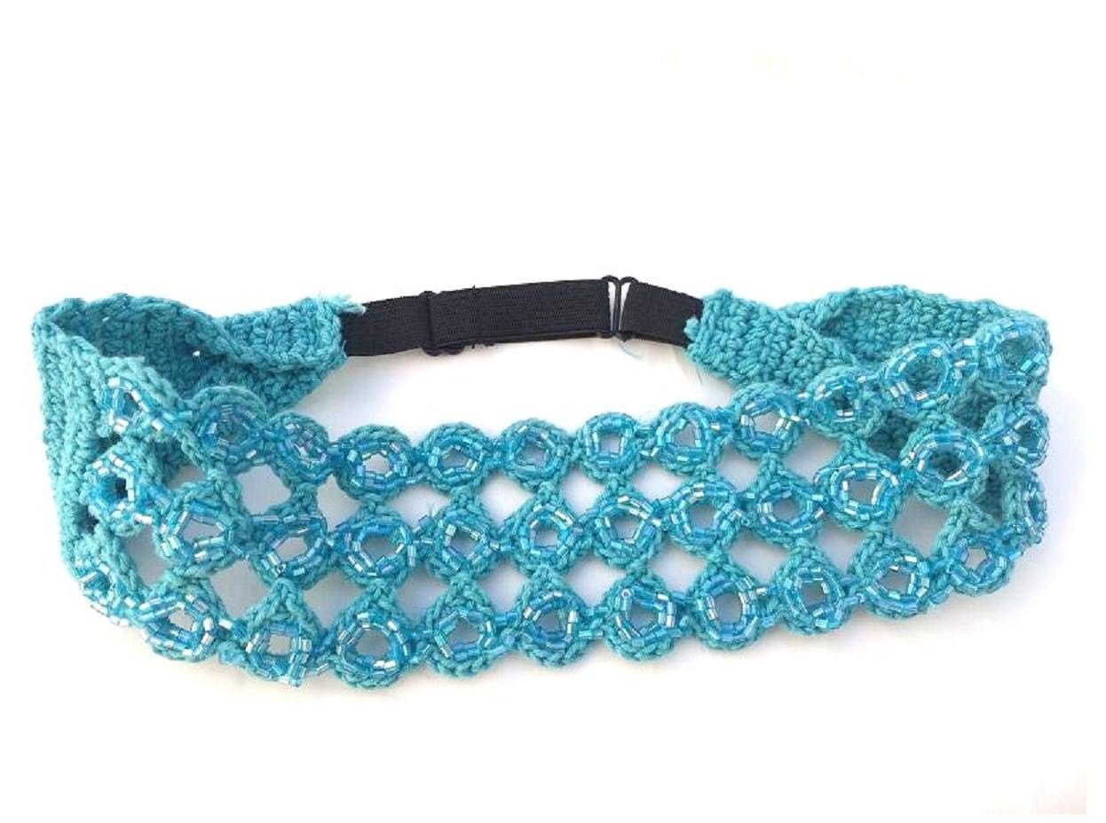 Stylish Cotton Crochet Adjustable Elastic Headband with Beaded Design - Perfect for Yoga, Workouts, and Everyday Fashion Accessory