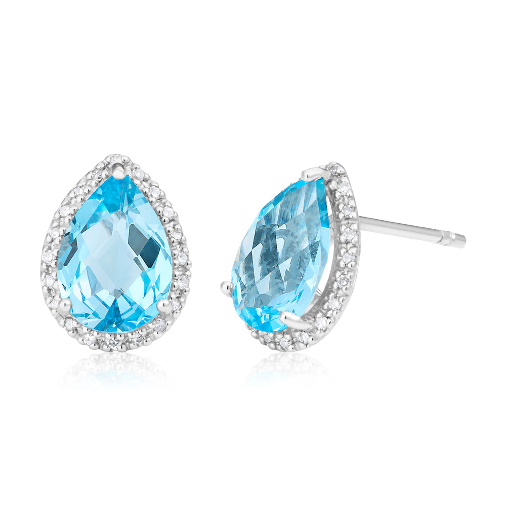9ct White Gold Blue Topaz and Diamond Stud Earrings for Women - Elegant Jewelry Gift for Birthday, Anniversary & Special Occasions