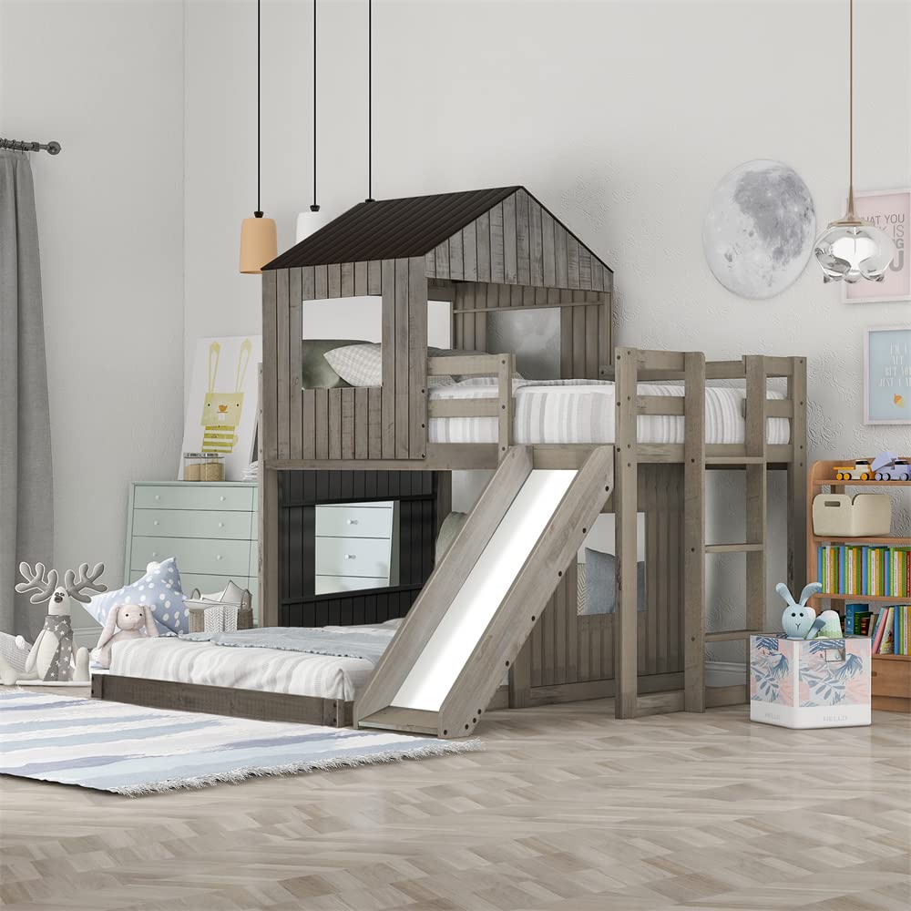 Solid Wood L-Shaped Twin Over Full Bunk Bed with Slide, Roof & 4 Windows - Full-Length Guardrails & Ladder - No Box Spring Needed - Antique Gray - Perfect for Kids' Bedroom, Guest Room & Space-Saving Home Decor