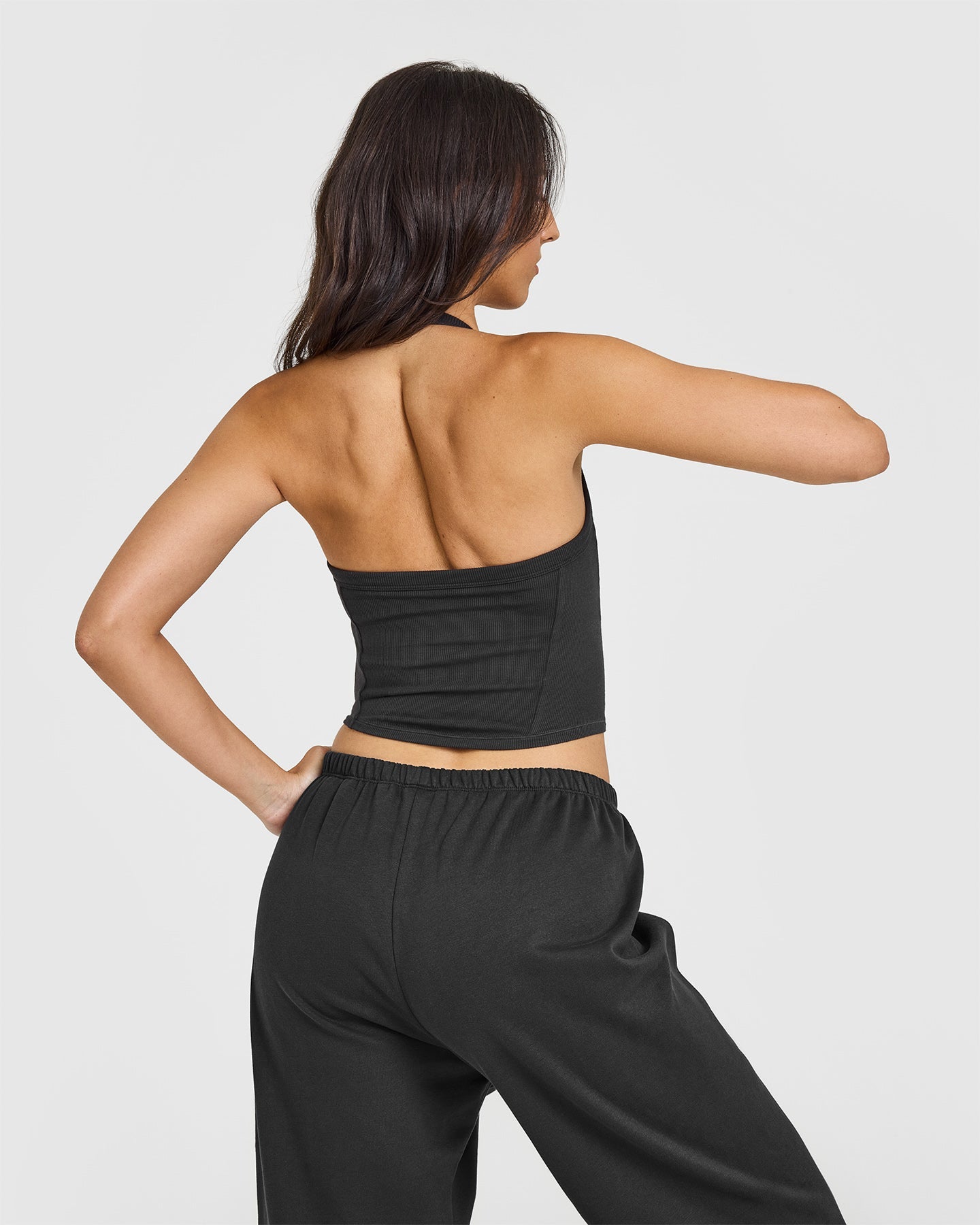 Mellow™ Rib Halter Neck Mid Vest with Built-in Bra Shelf | Soft Black | Comfortable Yoga & Lounge Wear for Women