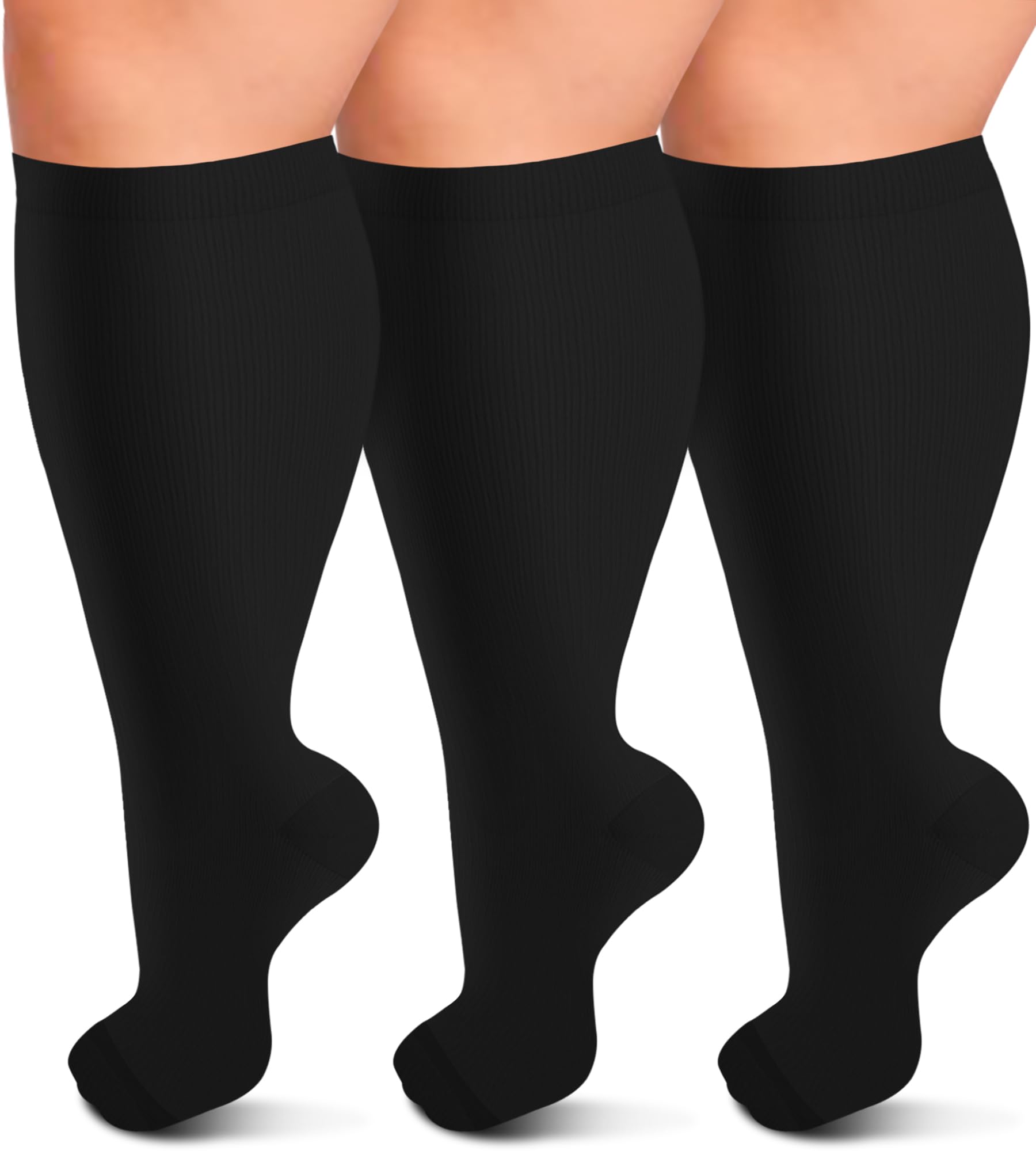 3 Pack Plus Size Compression Socks for Women & Men - Extra Wide Calf Knee High Support Stockings for Improved Circulation & Swelling Relief - Ideal for Travel, Nursing & Varicose Vein Relief