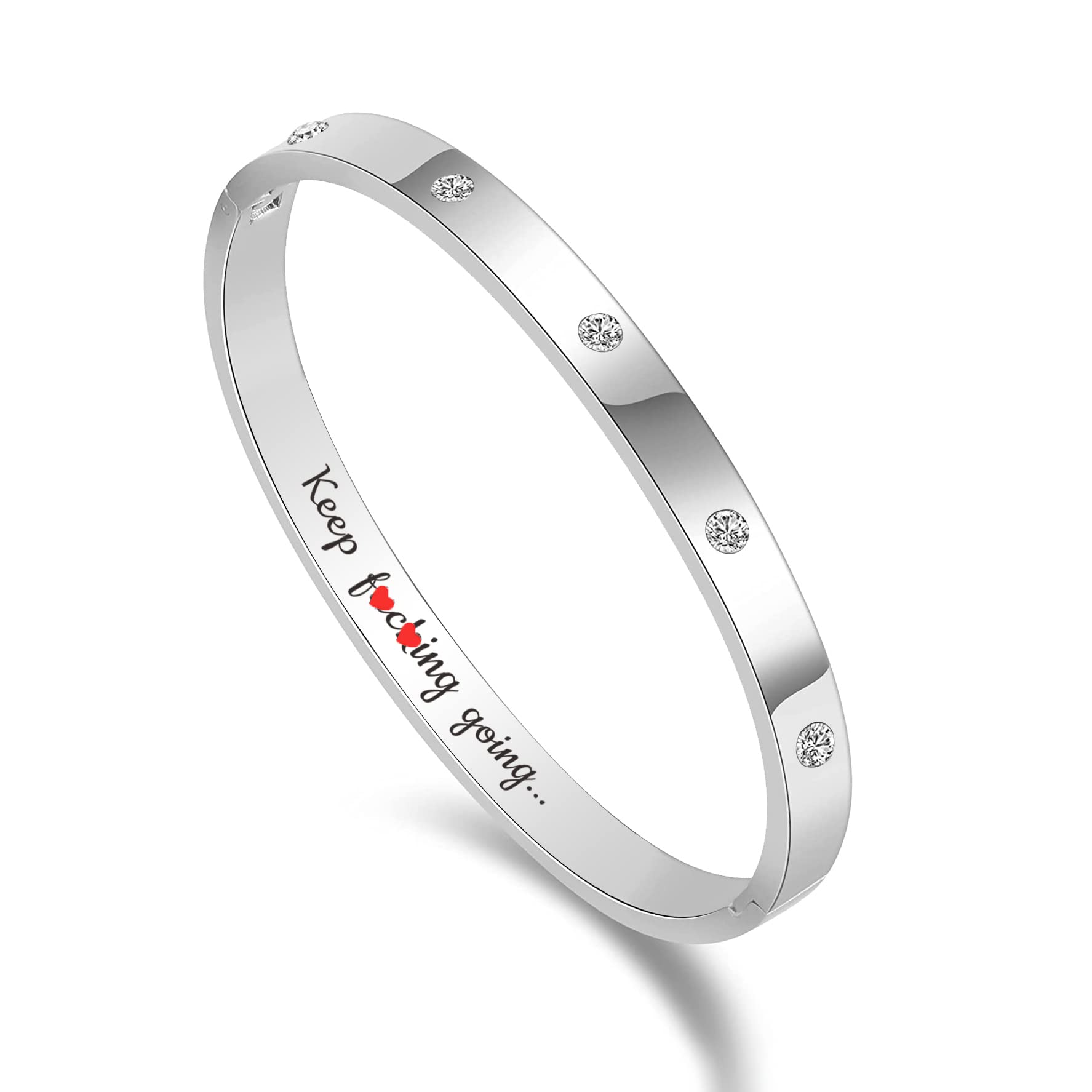 CONRAN KREMIX Inspirational Silver Bangle Bracelet for Women - Stainless Steel Non-Tarnish Oval Bracelet with Cubic Zirconia Stones - Perfect Birthday Gift, Anniversary Present & Everyday Elegant Jewelry