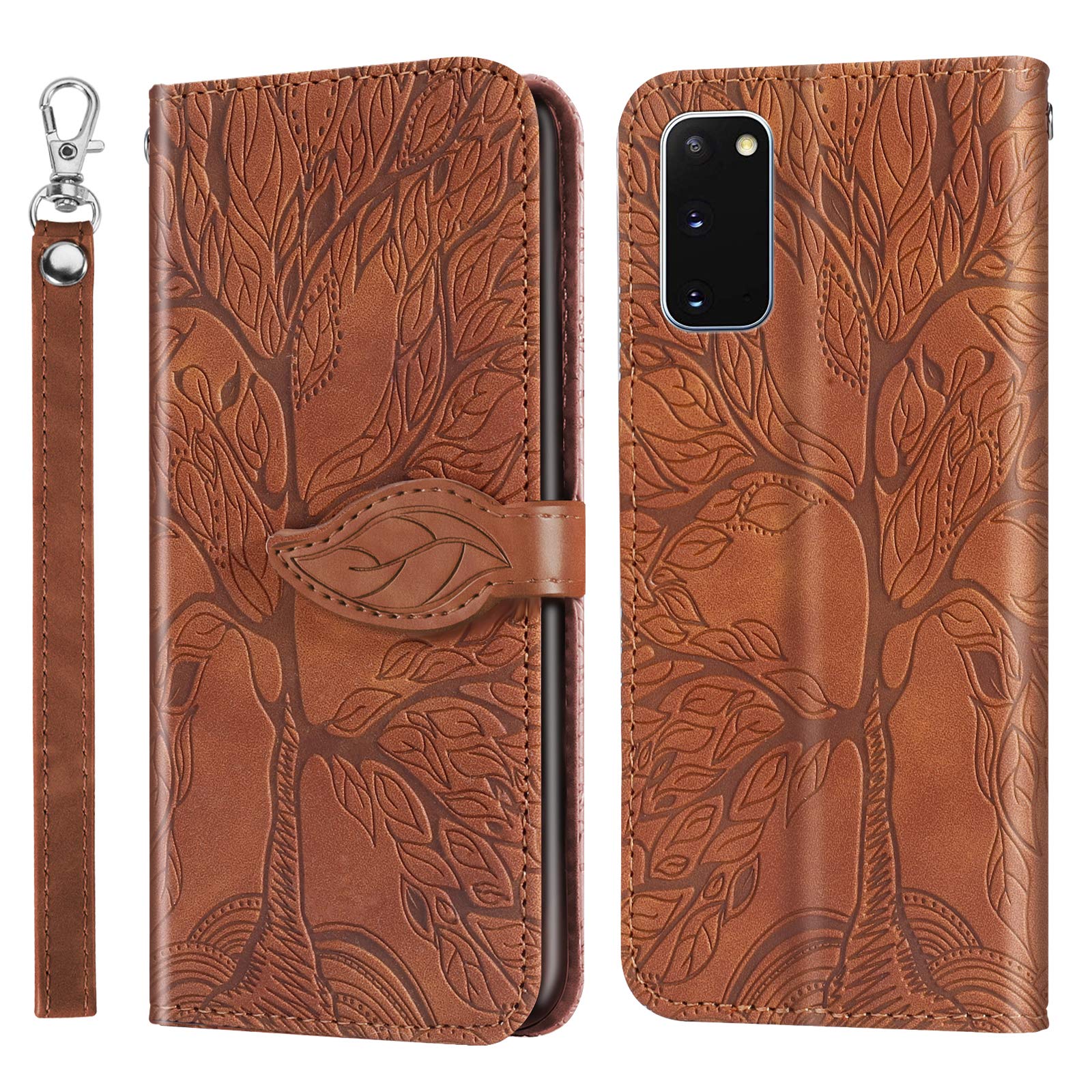 Samsung Galaxy S20 5G Wallet Case - PU Leather Folio Flip Cover with Card Slots & Kickstand, Wrist Strap - Tree of Life Brown - Perfect for Business, Travel & Everyday Protection
