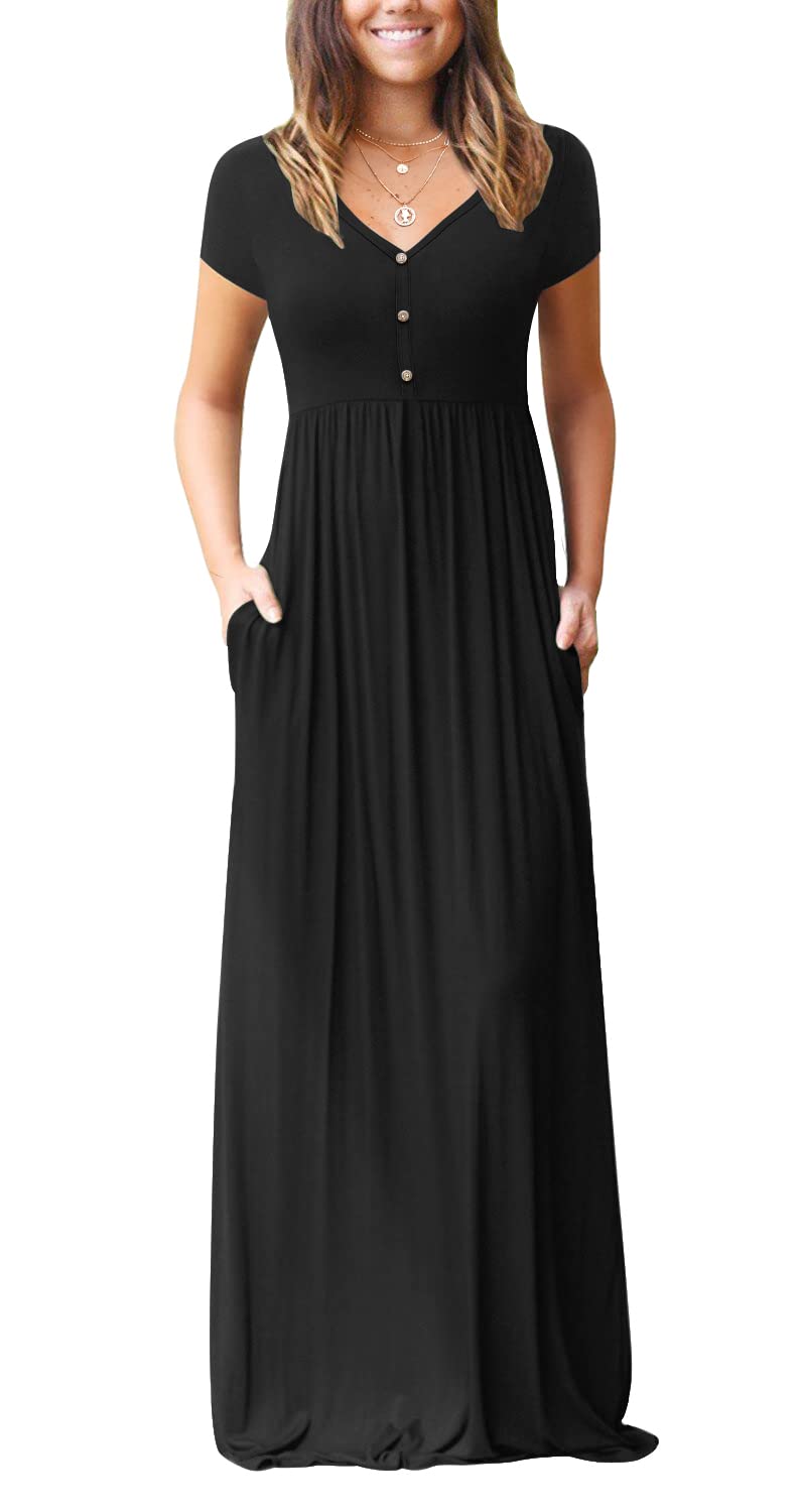 GRECERELLE Women's Long Maxi Dresses 2025 - Short Sleeve V Neck Casual Summer Button Dress with Pockets - Perfect for Beach, Vacation, and Outdoor Parties