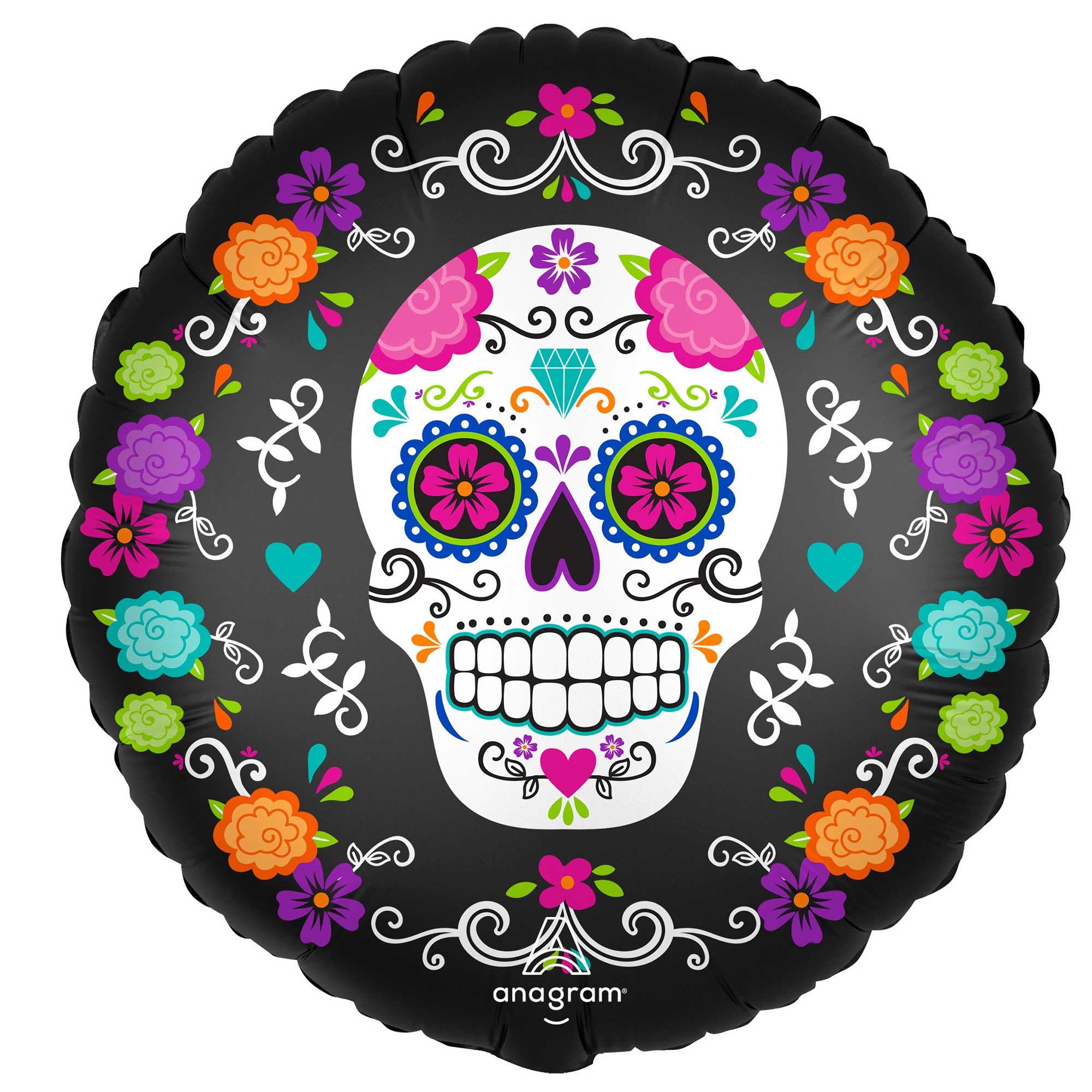 45cm Standard XL Satin Sugar Skull & Marigolds Balloon - Dia de los Muertos Party Decorations, Halloween Decor, Mexican Festival Celebration