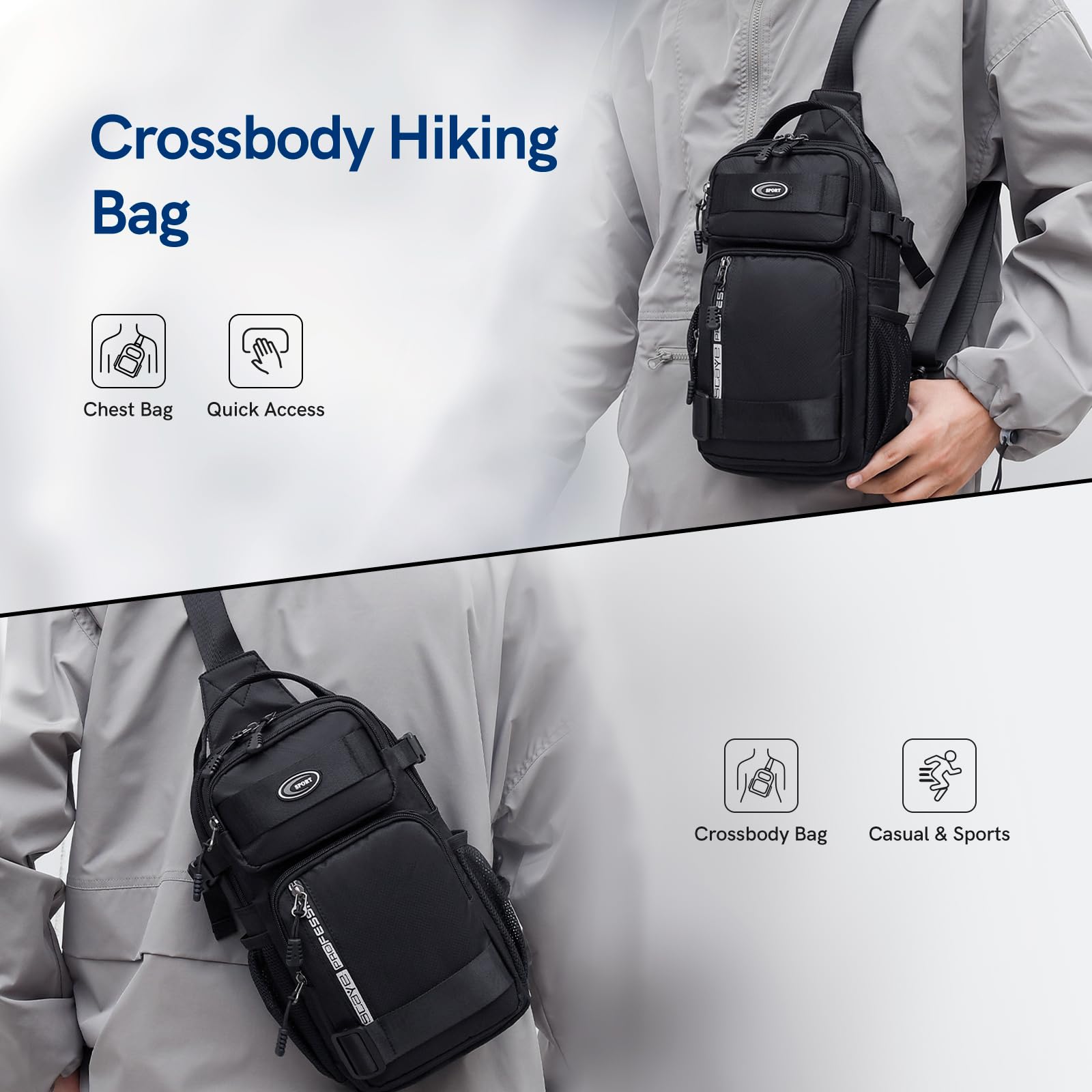 VGOAL Tactical Crossbody Sling Backpack - Small Chest Bag for Hiking, Cycling, Travel & Outdoor Activities - Lightweight Daypack for Men & Women (Black) - Perfect for Daily Commute, Gym, Camping & Adventure Trips