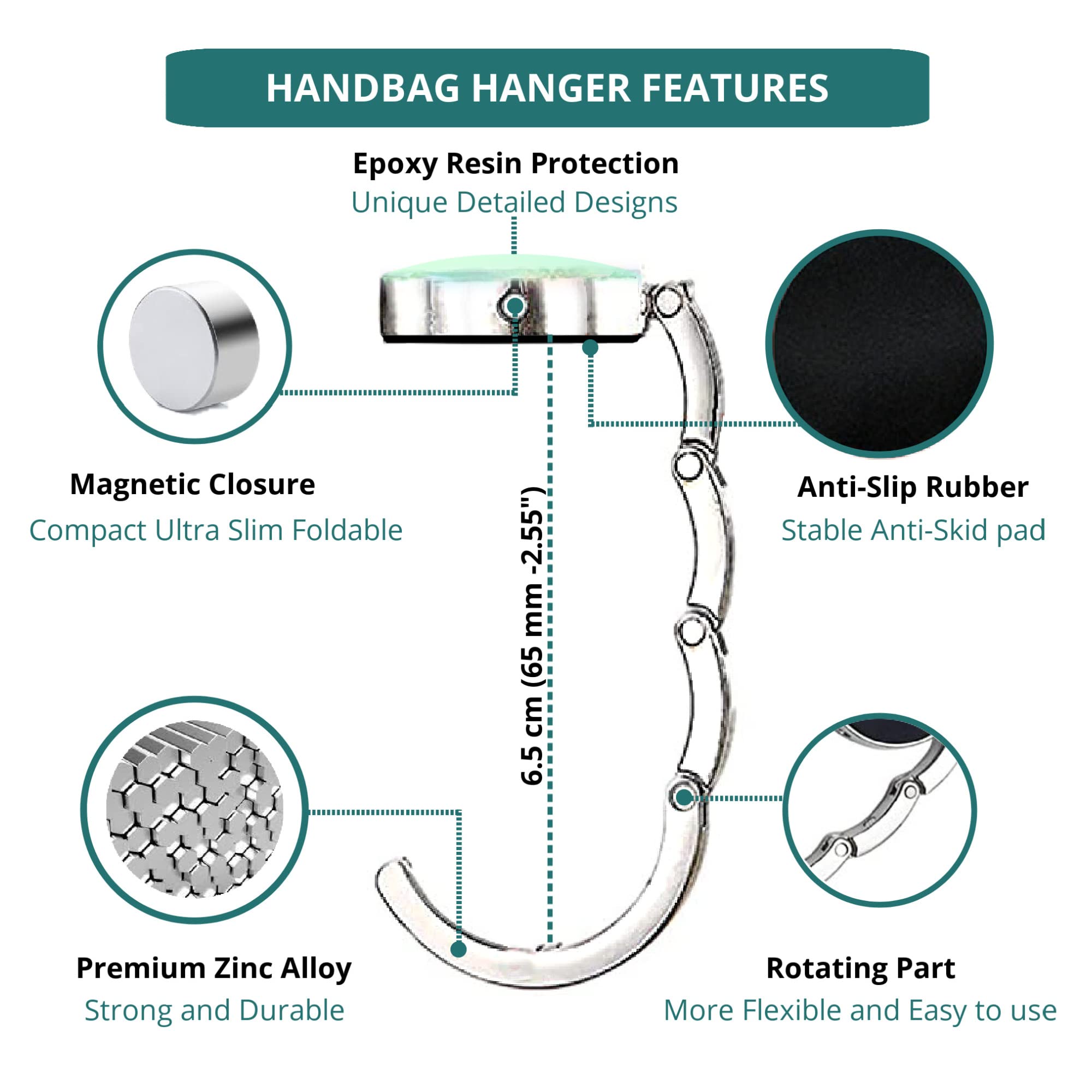 Premium Metal Bag Hook - Round Handbag Hanger with Strong Magnetic Purse Holder (Style D) for Restaurant Tables, Office Desks & Home Use - Durable Purse Organizer for Women
