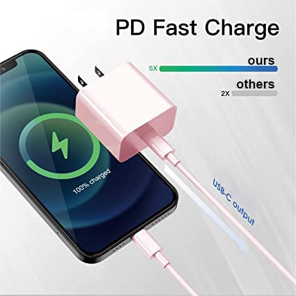 MFI Certified iPhone Fast Charger Block with 6ft USB C to Lightning Cable - Compatible with iPhone 14/13/12/11/Pro/Pro Max, AirPods Pro & iPad Air 3/Mini 4 - Pink (1 Pack) | Perfect for Home, Office & Travel Charging