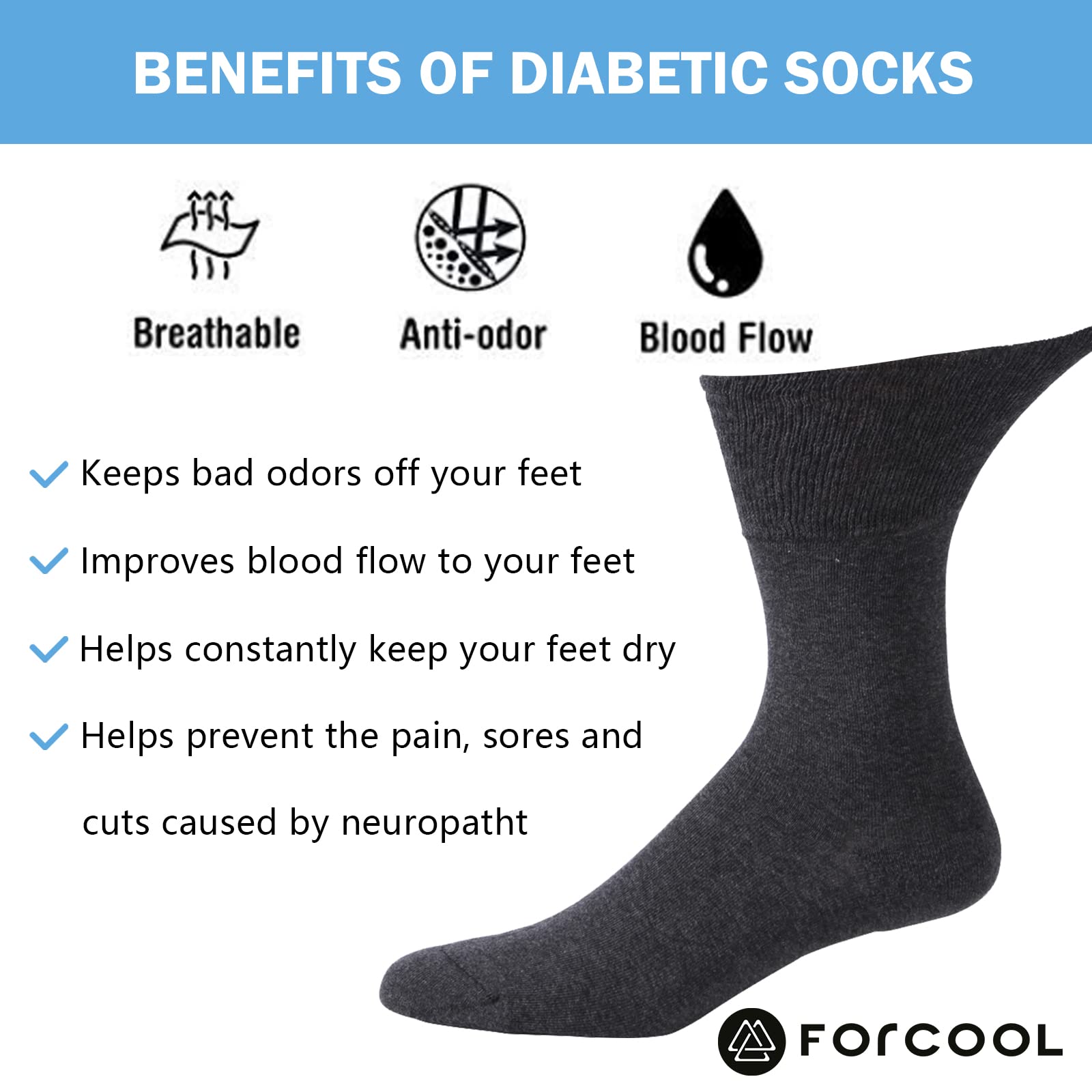 Forcool Non-Binding Diabetic Socks for Men & Women - Breathable Cotton Crew Socks for Circulation, M/L/XL, 3/6 Pairs - Ideal for Diabetes, Swelling & All-Day Comfort at Work or Home