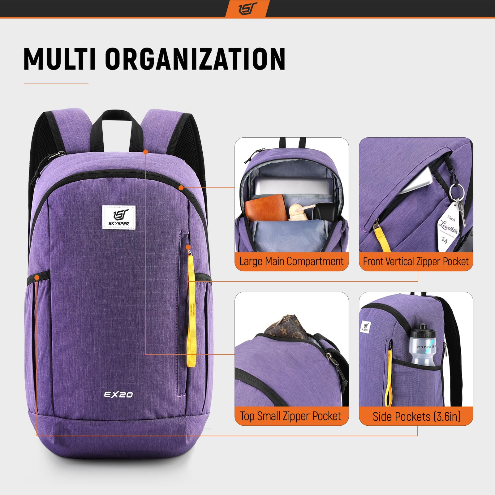 SKYSPER 20L Lightweight Hiking Backpack - Compact Travel Daypack for Women & Men, Water-Resistant Outdoor Backpack for Hiking, Camping, School & Daily Use (Purple)