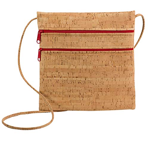 Stylish Double Zipper Pocket Cork Crossbody Bag with Red Zipper - Perfect for Travel, Shopping & Everyday Use