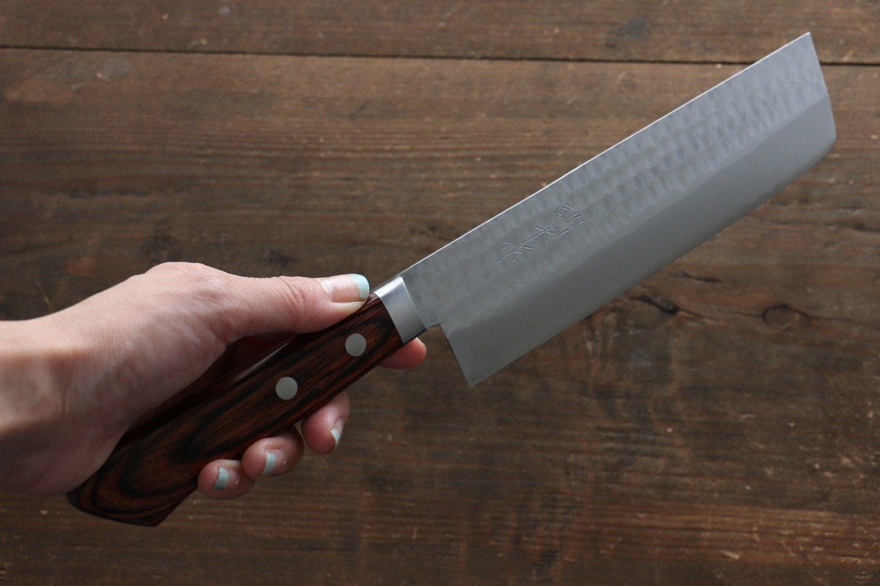 Kunihira VG1 Hammered Usuba Japanese Kitchen Knife 165mm with Mahogany Handle - Professional Chef Knife for Slicing Vegetables and Sushi Preparation
