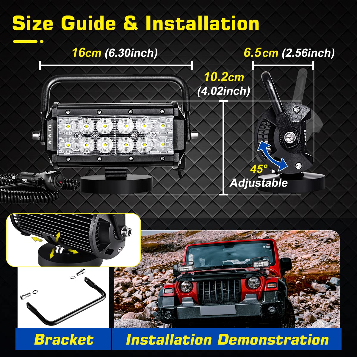 36W LED Work Light with Magnetic Base - Portable Flood Light for Car, SUV, Boat, Truck & Bar | Waterproof Driving & Fog Lights for Off-Road, Camping & Emergency Repairs