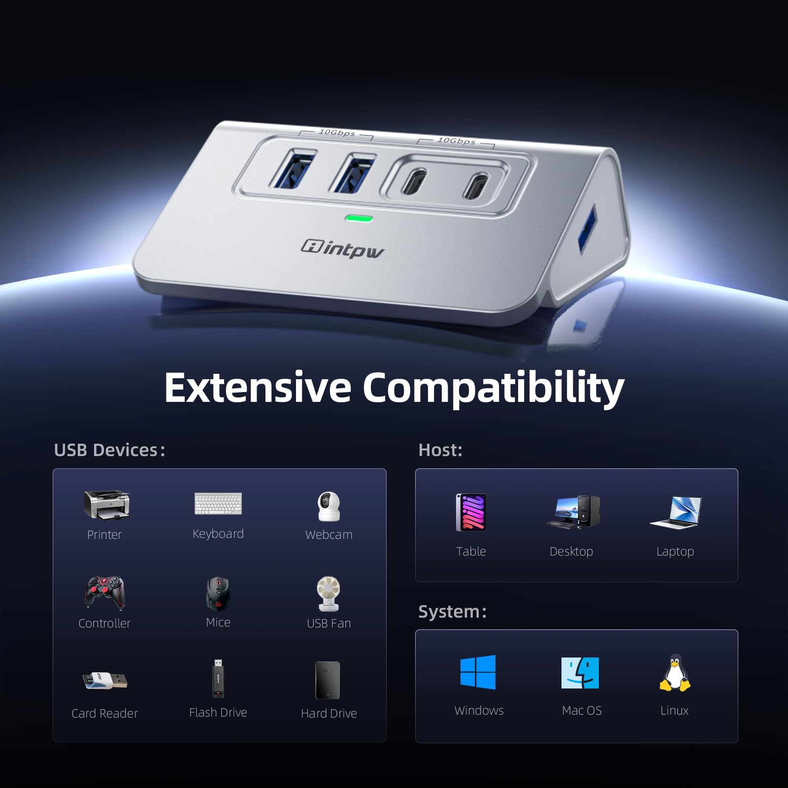 4-in-1 USB C Hub with 10Gbps Data Transfer - 2x USB C 3.2 & 2x USB A 3.2 Ports - Aluminum USB Splitter with 3.3ft Cable for MacBook, Windows Laptop, PC - Perfect for Flash Drives, Printers, Cameras, Keyboards & Mouse