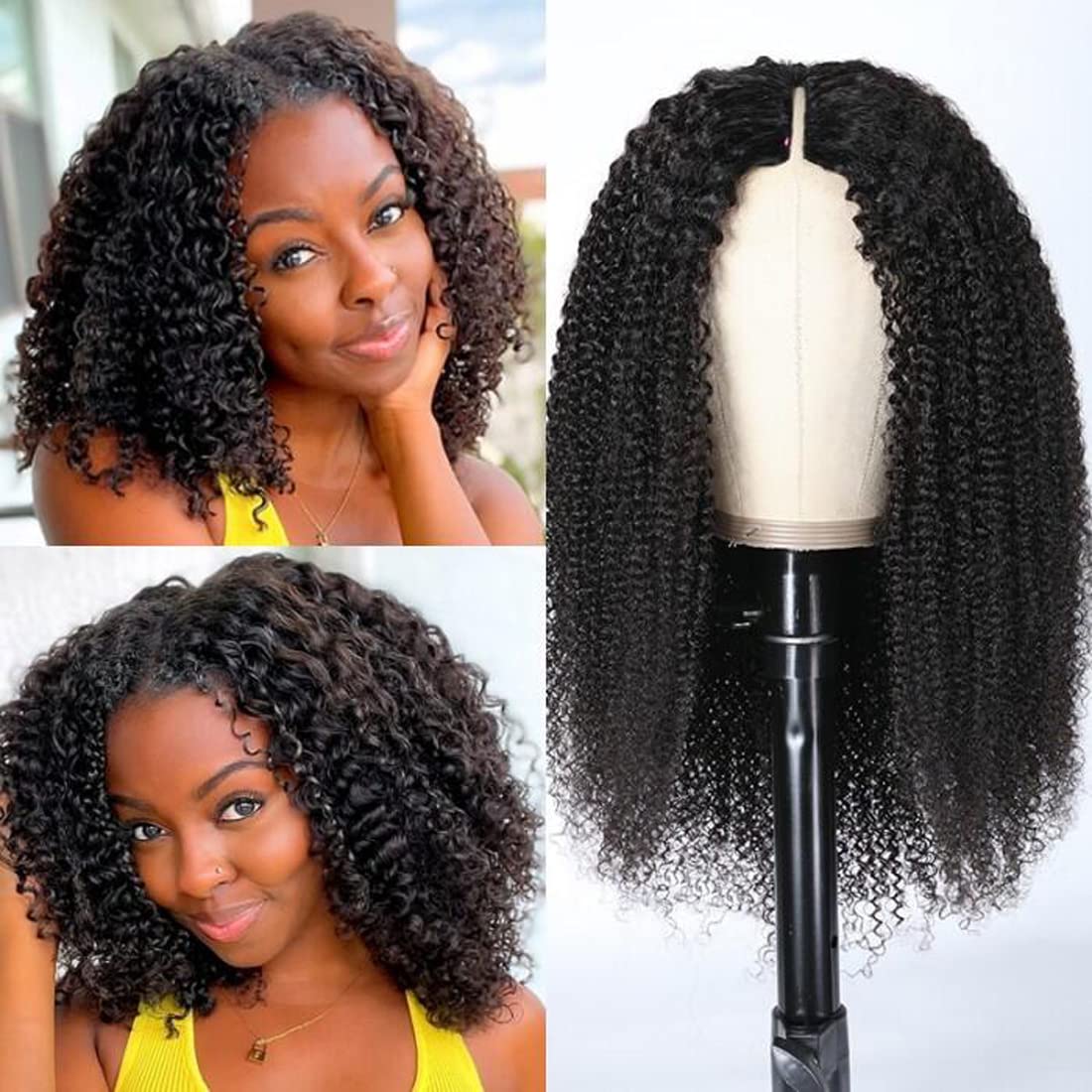 UNICE V Part Human Hair Wig - Kinky Curly Brazilian Virgin Hair with Drawstring | Glueless No Leave Out U Part Wig for Women | Beginner Friendly 150% Density 24 Inch | Perfect for Daily Wear, Parties & Protective Styling