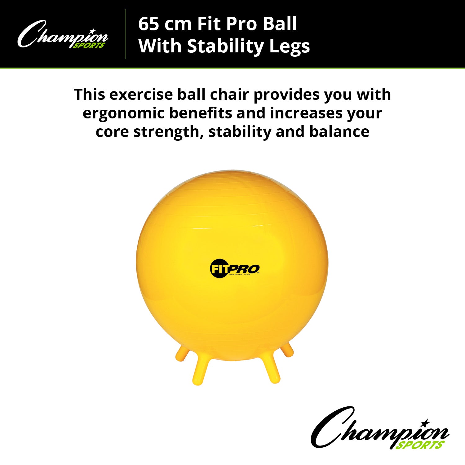 Champion Sports FitPro Exercise Ball with Stability Legs - 65cm Stability & Strength Trainer for Home Gym, Yoga, Pilates & Core Workouts