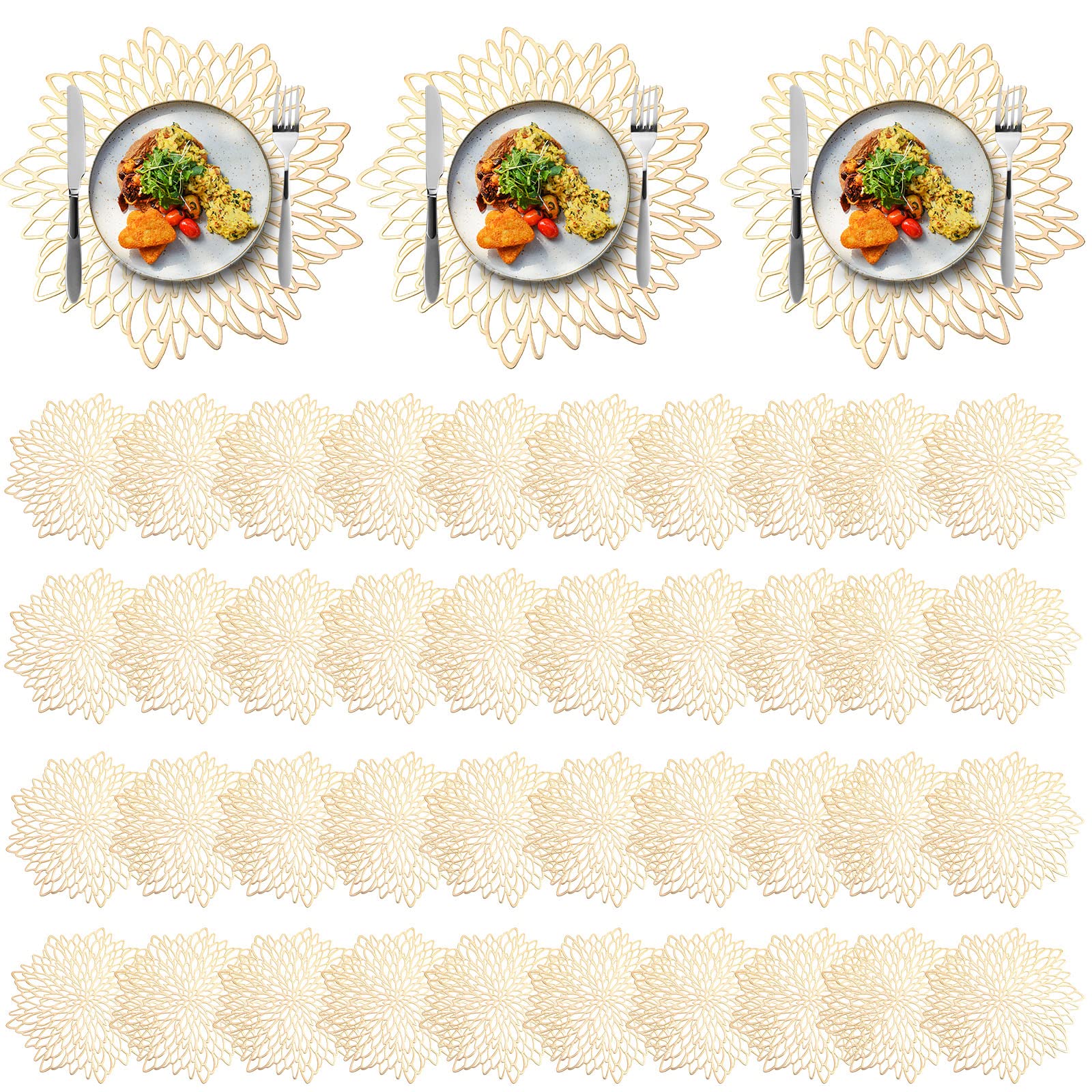 100-Piece Gold Round Pressed Vinyl Placemats Set - Metallic Hollow-Out Leaf & Flower Design - Elegant Table Mats for Wedding, Holiday Party, Reception - Durable & Decorative for Home, Kitchen, Dining Table (Perfect for Christmas, Thanksgiving & Special Occasions)