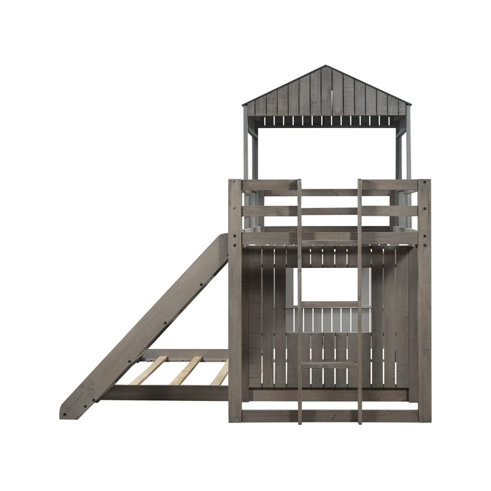 Solid Wood L-Shaped Twin Over Full Bunk Bed with Slide, Roof & 4 Windows - Full-Length Guardrails & Ladder - No Box Spring Needed - Antique Gray - Perfect for Kids' Bedroom, Guest Room & Space-Saving Home Decor
