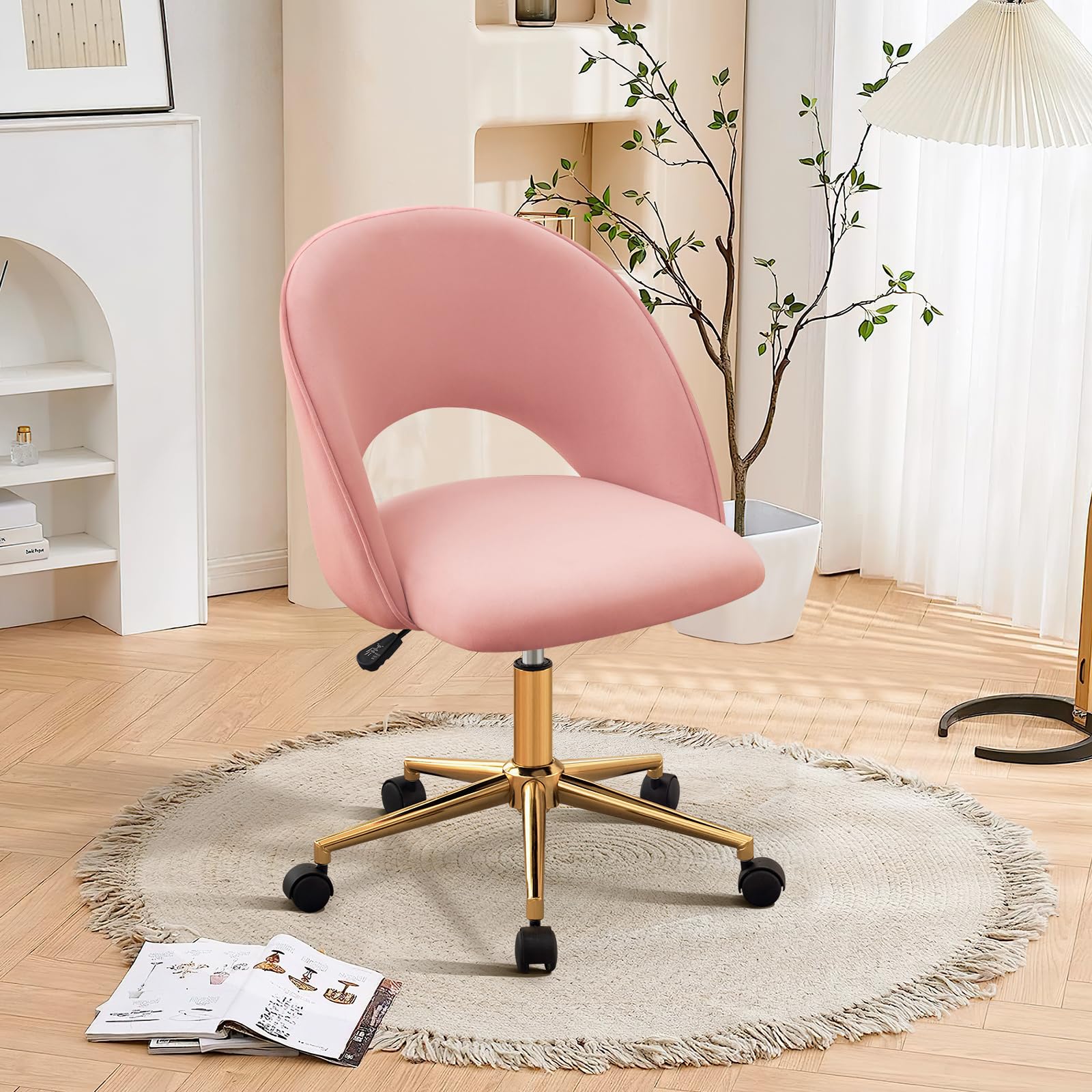 Furniliving Pink Vanity Chair with Back - Cute Rolling Upholstered Accent Chair for Girls, Makeup Room, Bedroom & Living Room - Soft Pink Velvet Office Desk Chair for Women's Dressing Table & Home Decor