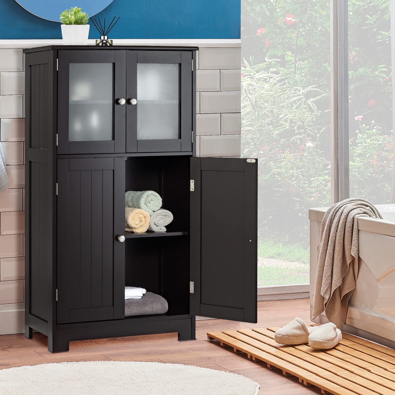 LOKO Wooden Floor Storage Cabinet with Glass Doors & Adjustable Shelf - Bathroom, Kitchen & Living Room Organizer - Perfect for Bath Essentials, Kitchen Supplies & Home Decor (Black)