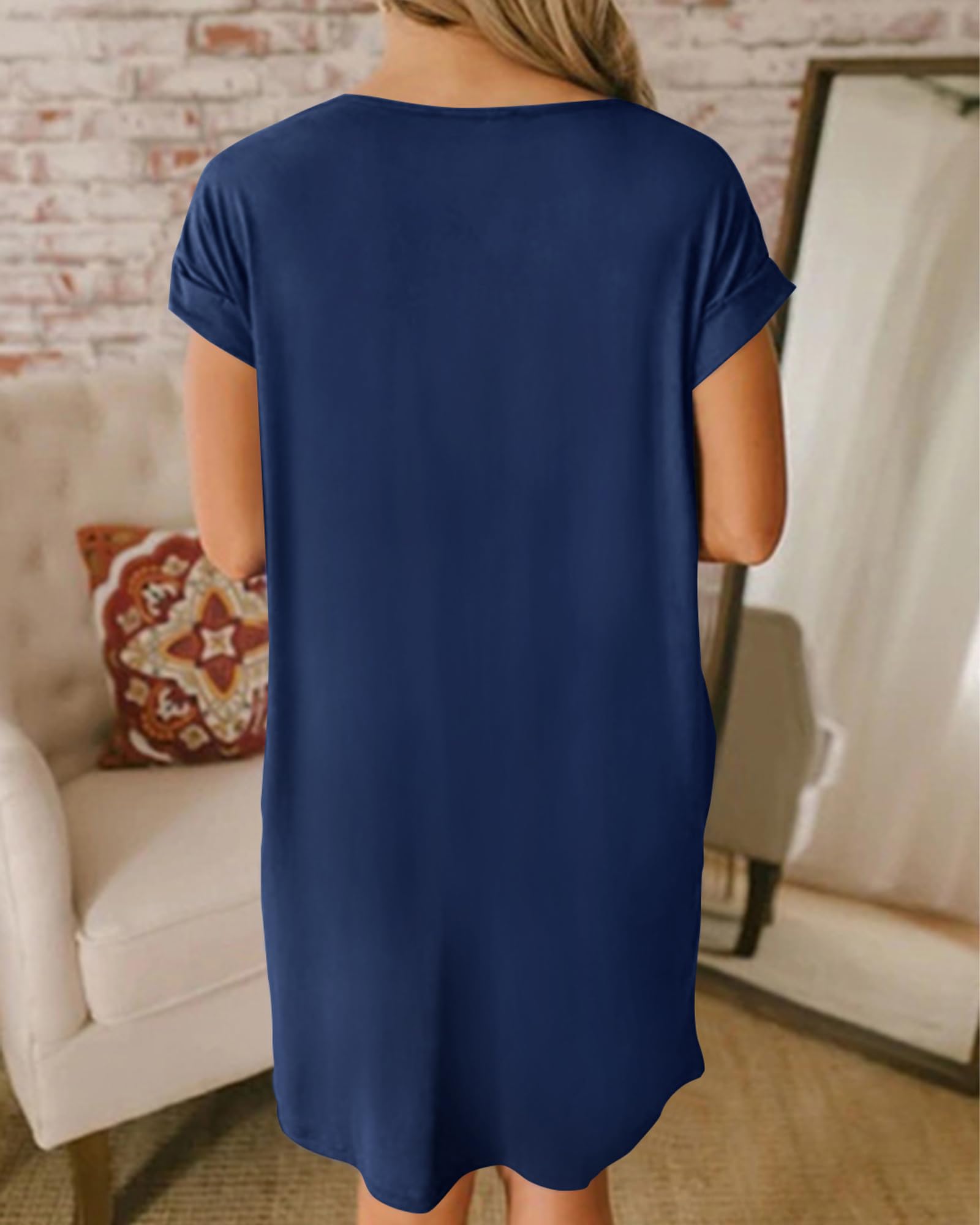 BTFBM Women's V-Neck Short Sleeve Summer Dress 2025 - Casual Loose Tunic T-Shirt Dress with Pockets for Spring/Summer Wear, Beach Outings, and Lounge Pajamas