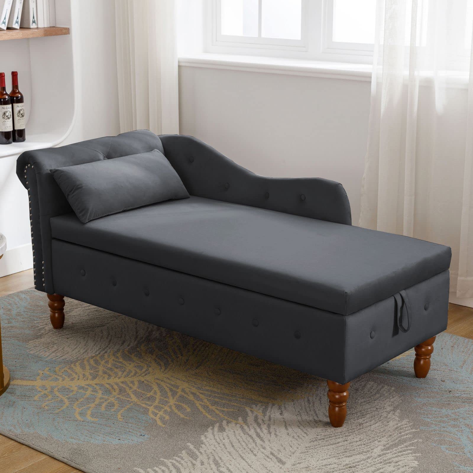Setawix Velvet Chaise Lounge Chair with Storage - Tufted Ottoman Bench for Living Room, Bedroom & Office - Rolled Arm End of Bed Bench - Window Seat & Entryway Storage Solution (Black) - Perfect for Small Spaces, Reading Nooks & Home Decor