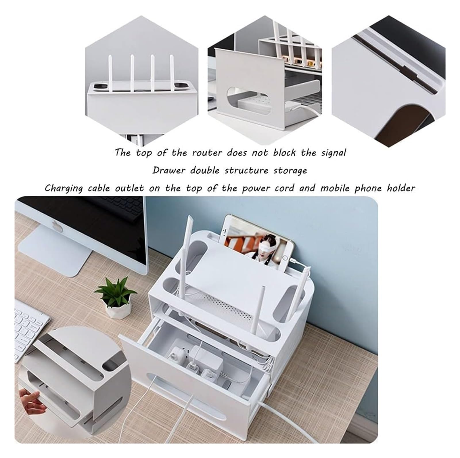 Wall Mount Router Shelf with Drawer - 2-Tier WiFi Router Storage Box & Cable Organizer (29x21x20cm, Grey) - Perfect for Home Office, Living Room, and Bedroom Network Setup