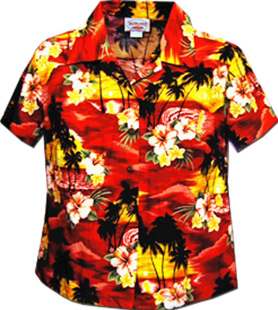Women's Hawaiian Shirt - Red Waikiki Sunset Floral Print Short Sleeve Beach Shirt | Perfect for Vacation, Summer Parties & Tropical Getaways