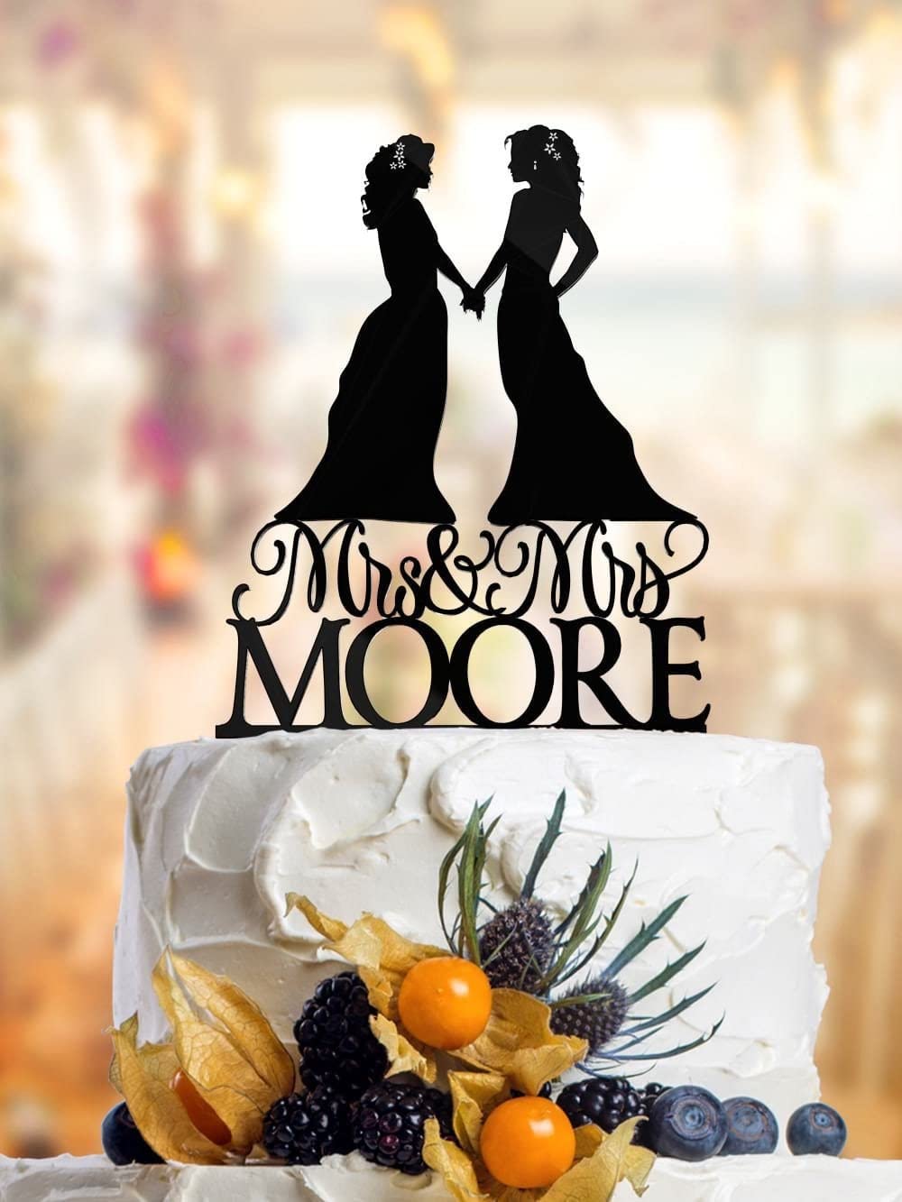 Custom Lesbian Wedding Cake Topper with Surname - Mrs & Mrs Acrylic Cake Topper for Same-Sex Weddings - Bride & Bride Cake Decoration for LGBTQ+ Celebrations, Anniversaries & Unique Parties (CTS110)