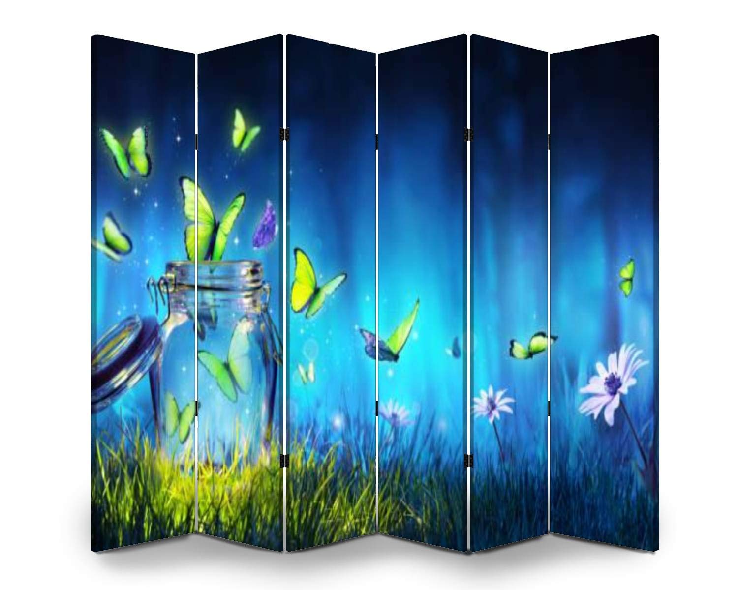 6-Panel Folding Room Divider Screen - Magic Butterflies Flying from Jar Design - Freestanding Privacy Partition for Indoor/Outdoor Use - Perfect for Home, Office, Garden, and Event Spaces