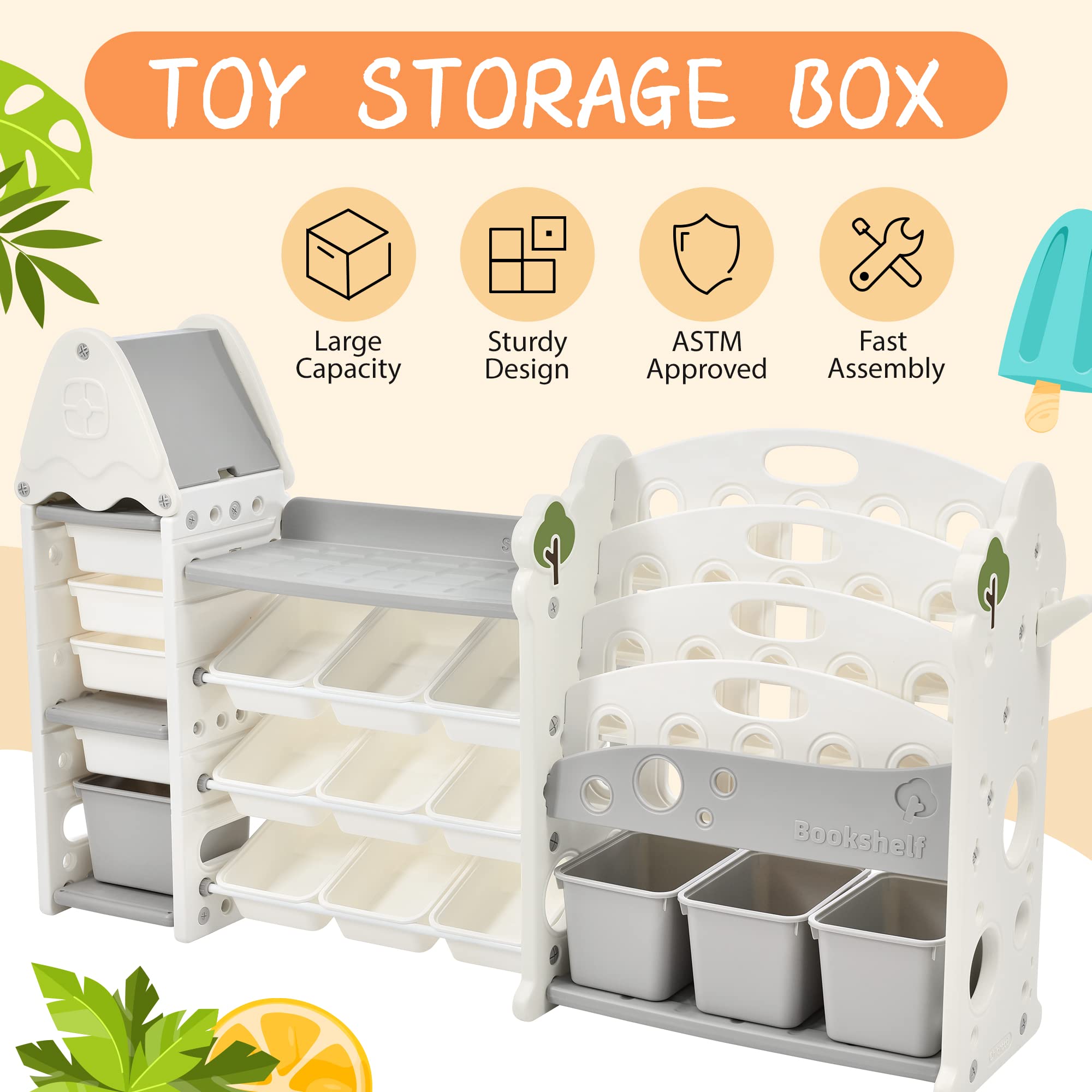**17-Bin Toy Storage Organizer & 4-Tier Kids Bookshelf - All-in-One Gray Toy Box Chest for Kids Room, Classroom, Nursery - Perfect for Organizing Toys, Books, and Learning Supplies**