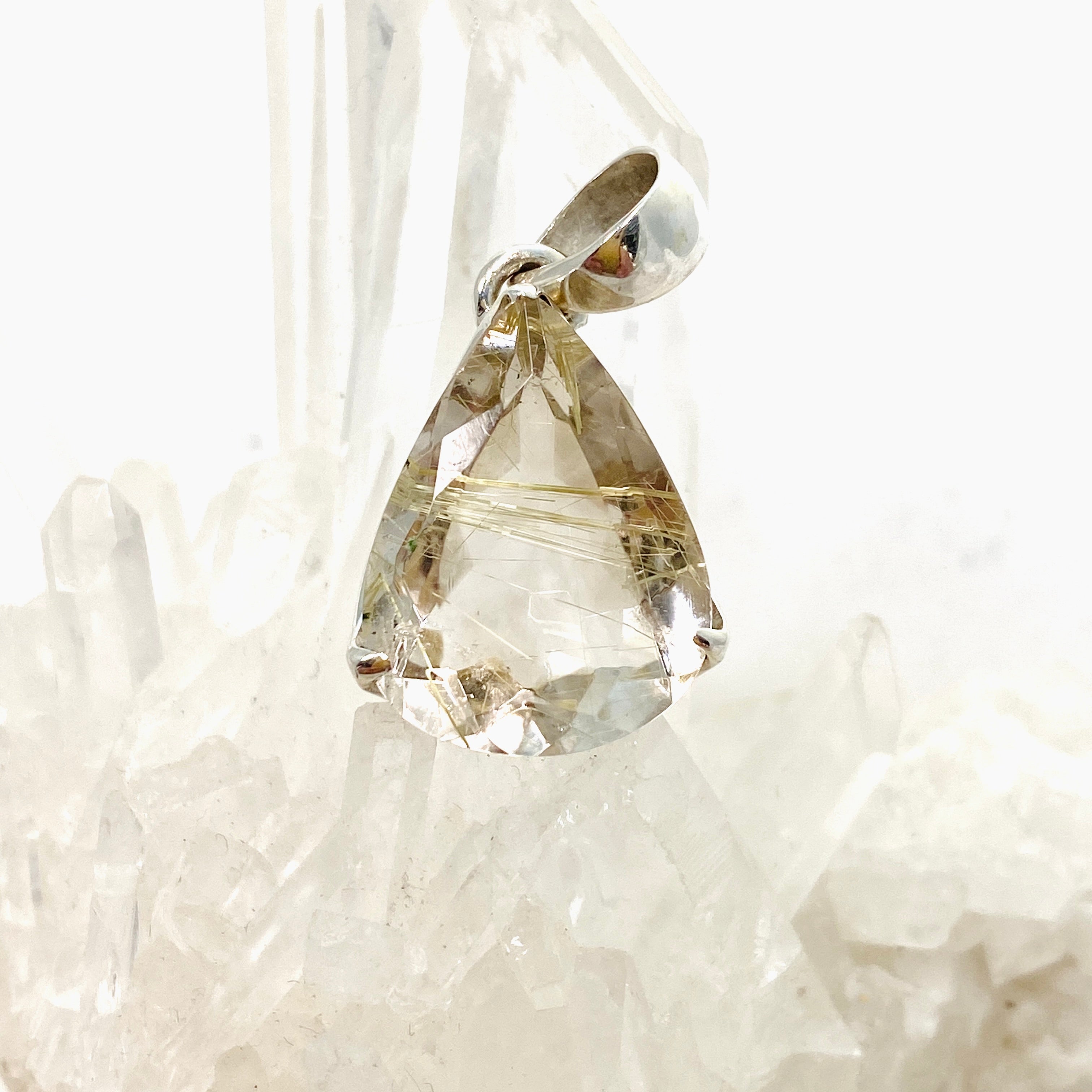 Rutilated Quartz Teardrop Faceted Pendant Necklace PPGJ841 - Elegant Crystal Jewelry for Women, Perfect for Gifts & Special Occasions