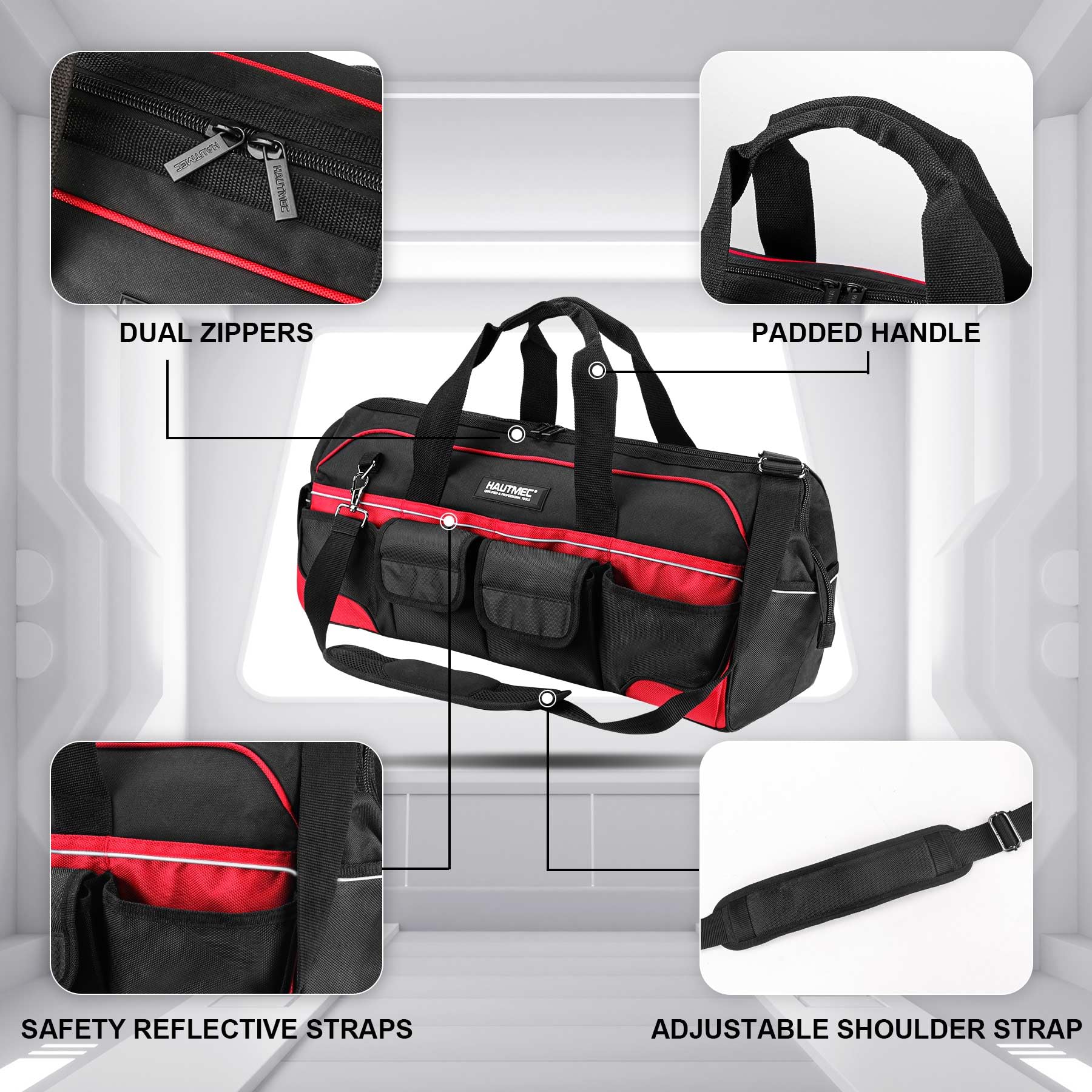 HAUTMEC 24 Inch Large Heavy Duty Tool Bag - 1680D Wide Mouth Tool Box Organizer with 36 Pockets, Level Holder & Removable Shoulder Strap - Portable Utility Bag for Men - Perfect for Construction, Plumbing, Electricians & DIY Projects (HT0284-TB)