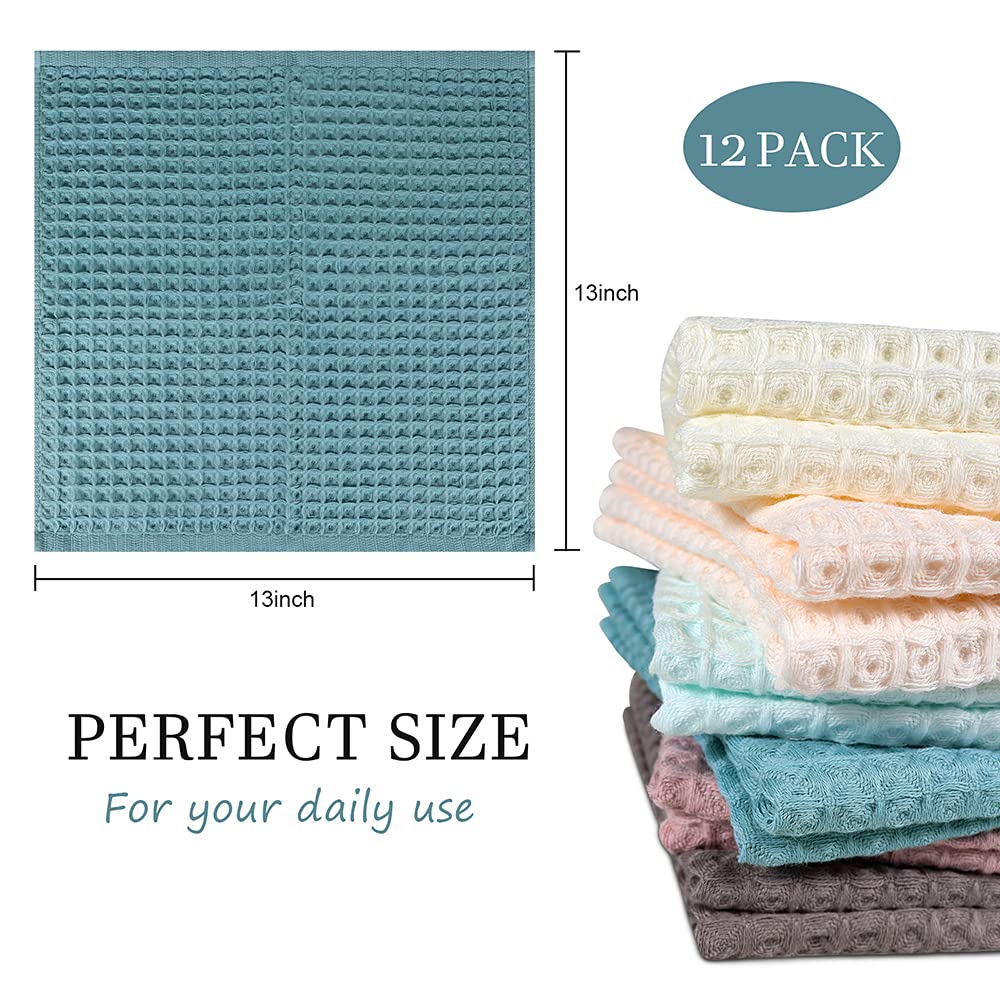 Premium 12-Pack Cotton Waffle Weave Dish Towels | 13x13 Inch Absorbent Kitchen Towels for Drying & Washing Dishes | Mix Color Dishcloths | Ideal for Daily Kitchen Use, Dish Drying & Counter Cleaning