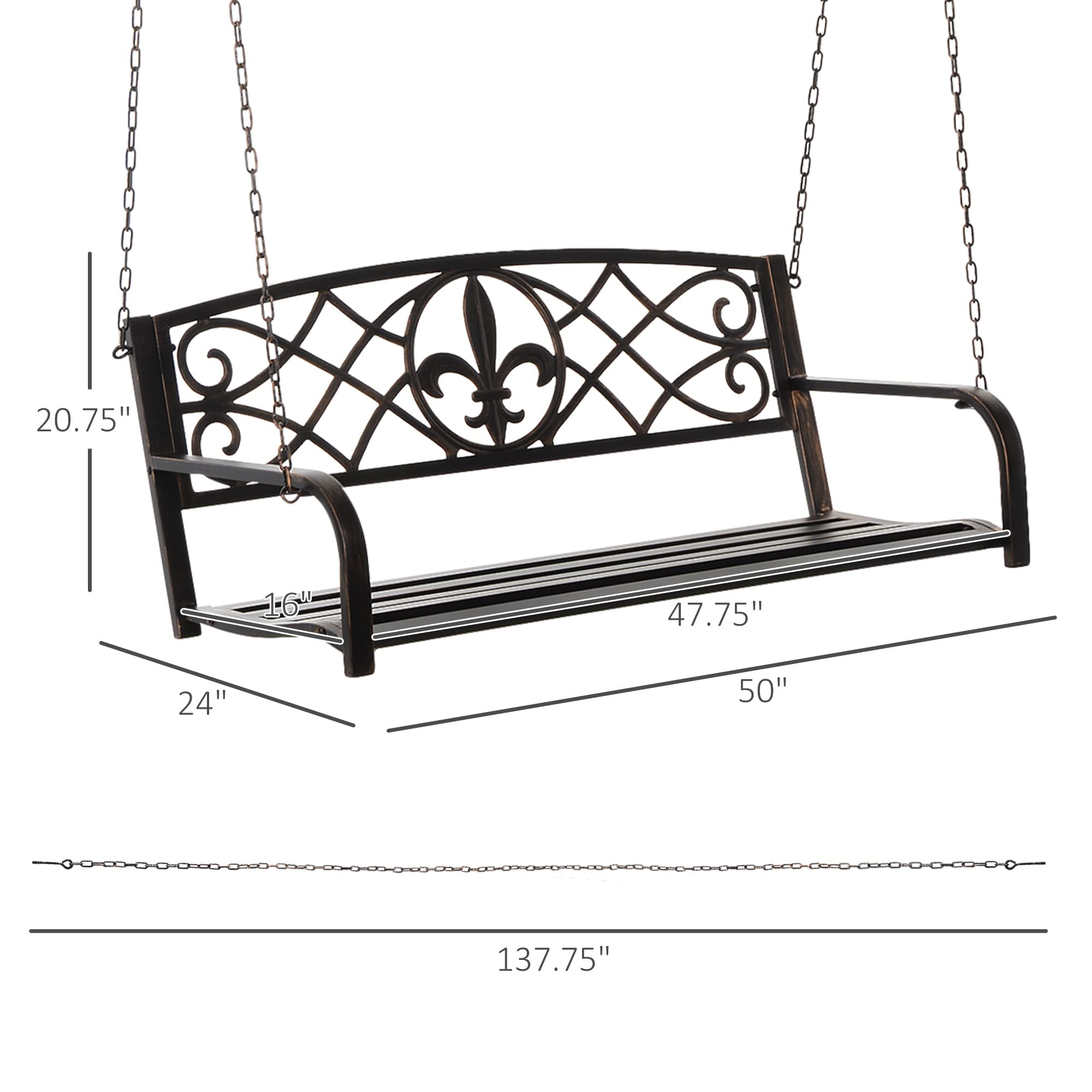 Outsunny 2-Person Steel Hanging Porch Swing with Fleur-de-Lis Design - 528 lbs Weight Capacity, Bronze Patio Swing Bench for Outdoor Garden, Deck & Backyard Relaxation