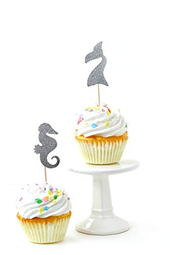 Mermaid Silver Glitter Cupcake Toppers - 24 Pack Decorative Toothpicks for Birthday Parties, Baby Showers & Wedding Desserts
