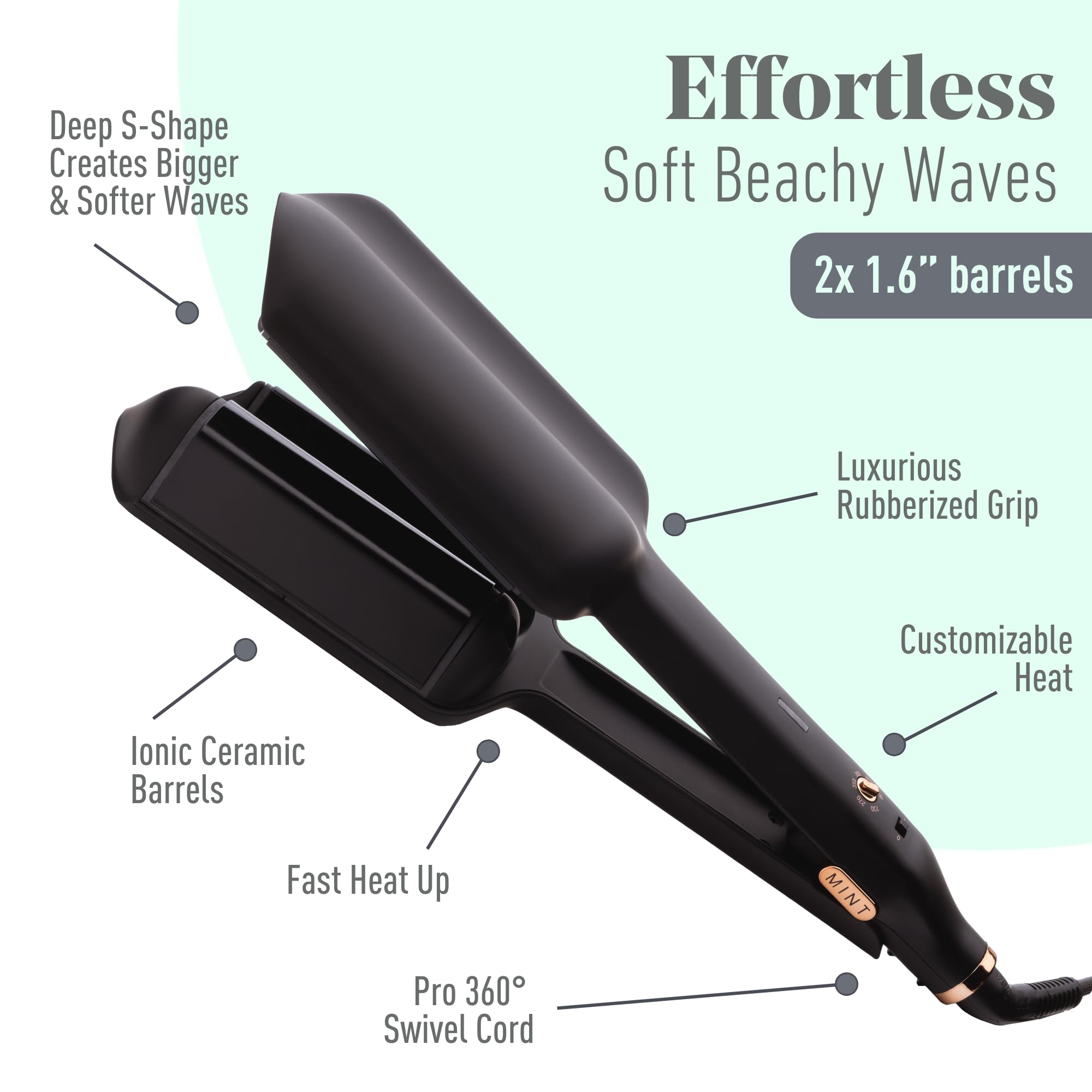 MINT Double Barrel Mermaid Hair Waver for Long Hair - Ionic Deep Waver Tool Creates Voluminous Beach Waves | Adjustable Temperature Wave Crimper & Styling Iron | Perfect for Salon-Quality Waves, Wedding Hairstyles & Everyday Beachy Looks