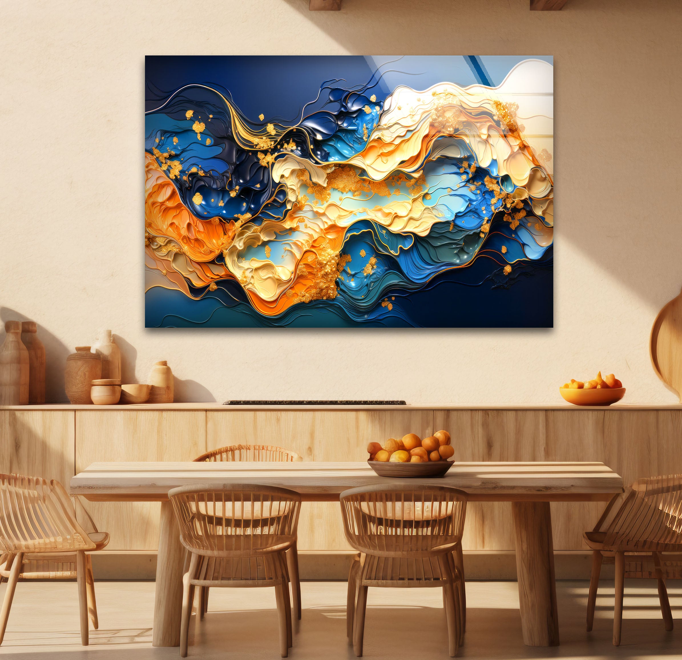 Blue Gold Abstract Wave Wall Art - Modern Fluid Glass Print for Home & Office Decor | Elegant Interior Design for Living Room, Bedroom & Office Spaces